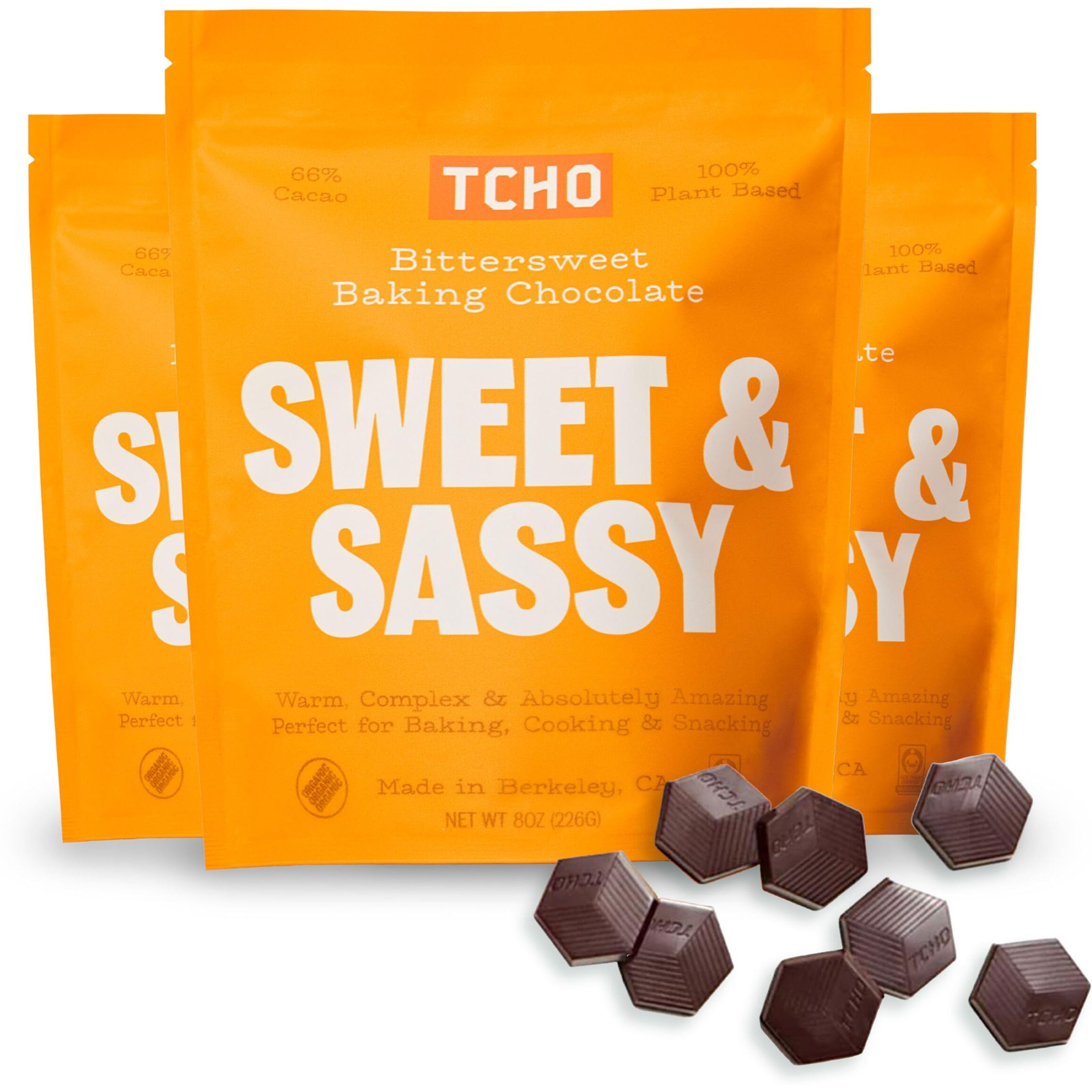 Tcho Sweet & Sassy 66% Dark Chocolate Baking Couvertures (3 Bag) | Organic & Fair Trade Certified | Non Gmo, Non-Dairy, Vegan, Soy Free (8Oz Each)