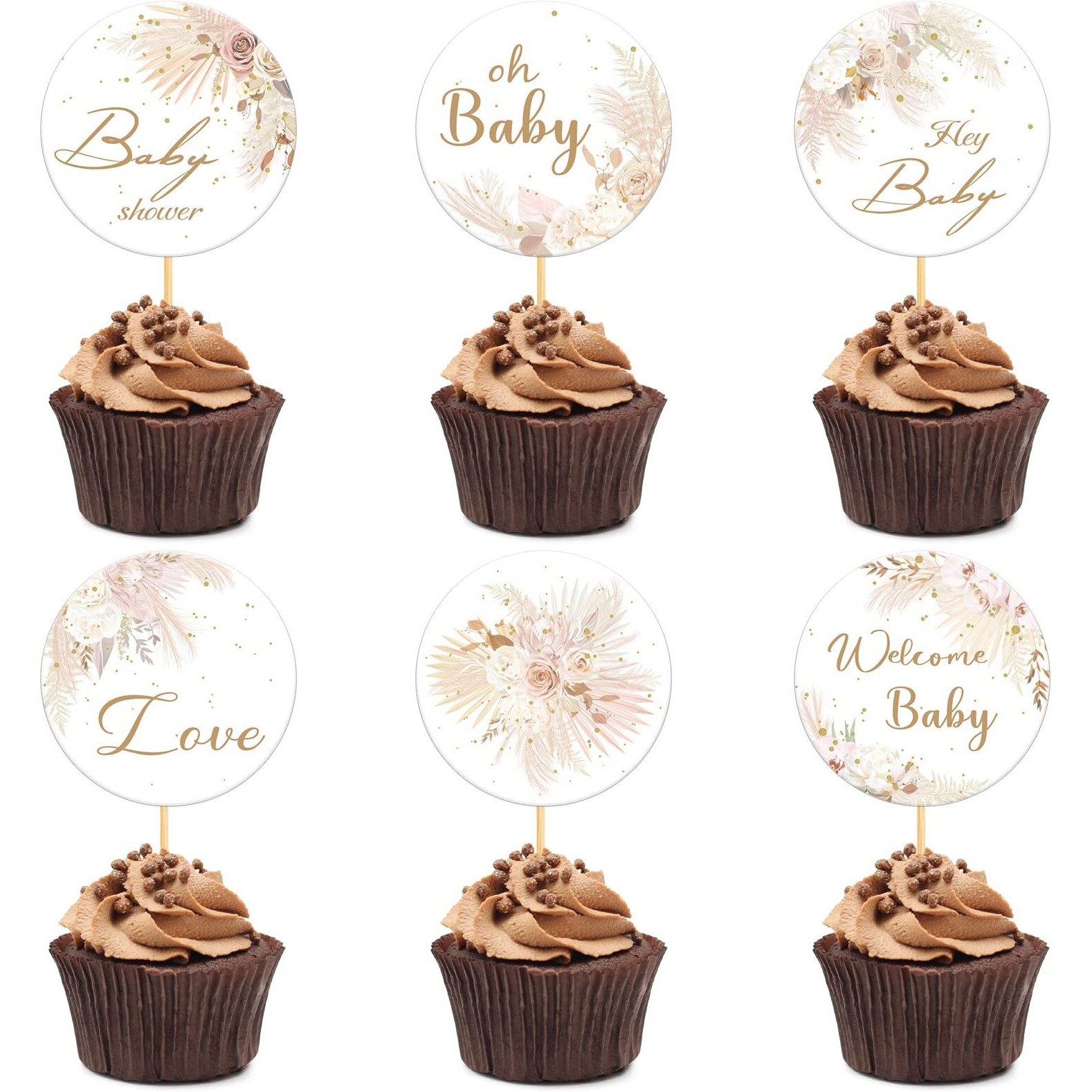 Henoyso 48 Pcs Boho Baby Shower Cupcake Toppers Boho Baby Shower Decorations For Pampas Grass Cupcake Toppers Boho Baby Shower Favors Cake Decorations For Birthday Party Decoration