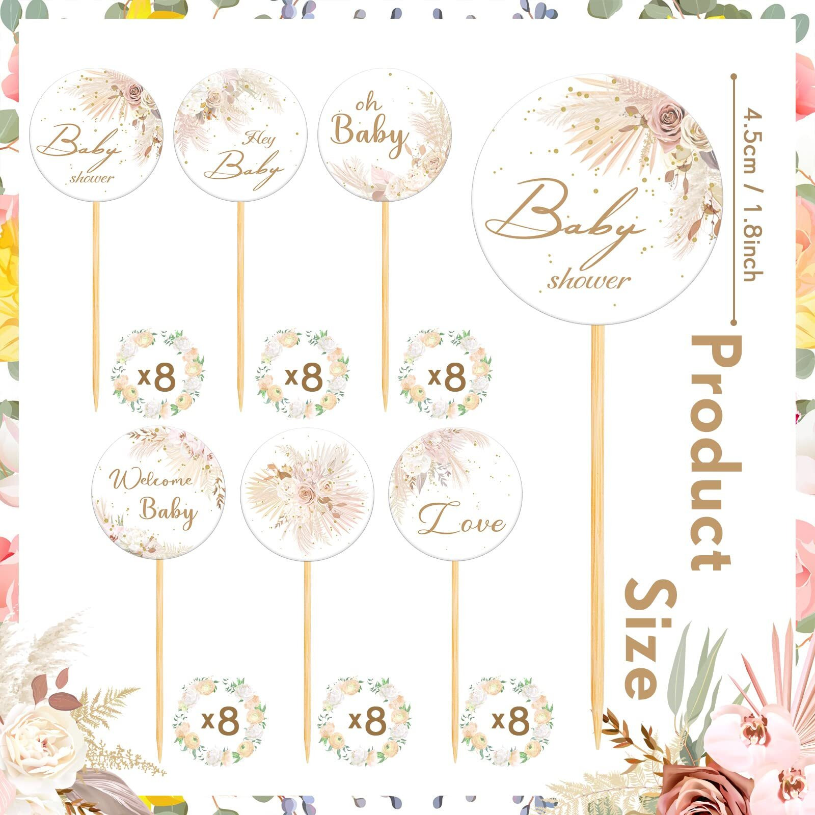 Henoyso 48 Pcs Boho Baby Shower Cupcake Toppers Boho Baby Shower Decorations For Pampas Grass Cupcake Toppers Boho Baby Shower Favors Cake Decorations For Birthday Party Decoration