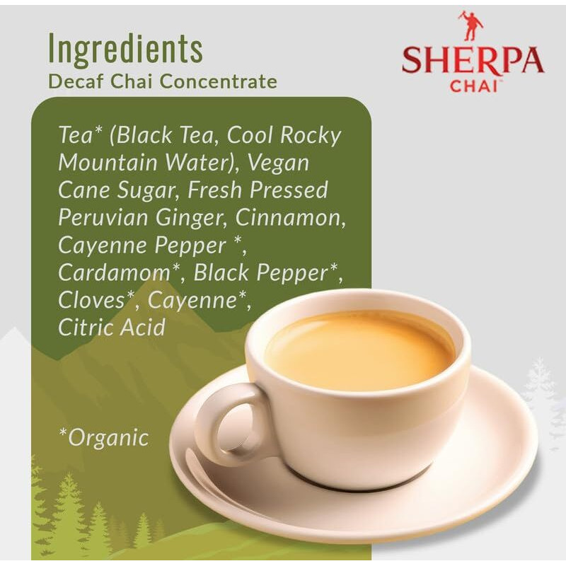 Sherpa Chai Decaf Organic Chai Tea Concentrate, 64 Oz - Himalayan Black Tea Concentrate W/Freshly Pressed Ginger - Authentic Recipe Brewed By Nepali Sherpas - Chai Tea Gift For Latte Tea Lovers