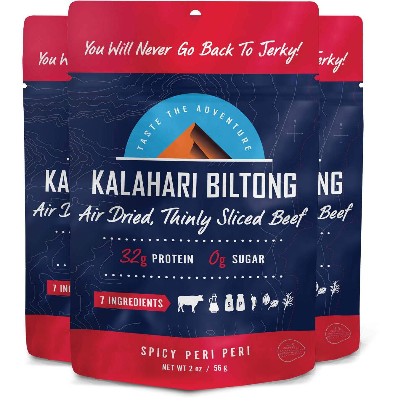 Spicy Peri Peri Kalahari Biltong, Air-Dried Thinly Sliced Beef, 2Oz (Pack Of 3), Sugar Free, Gluten Free, Keto & Paleo, High Protein Snack