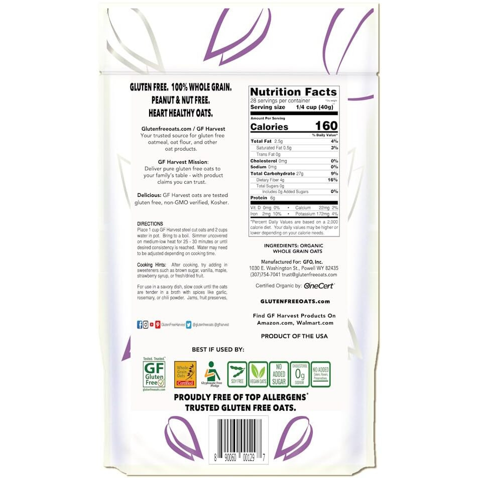 Gf Harvest Gluten Free Organic Whole Grain Steel Cut Oats, 40 Ounce Bag