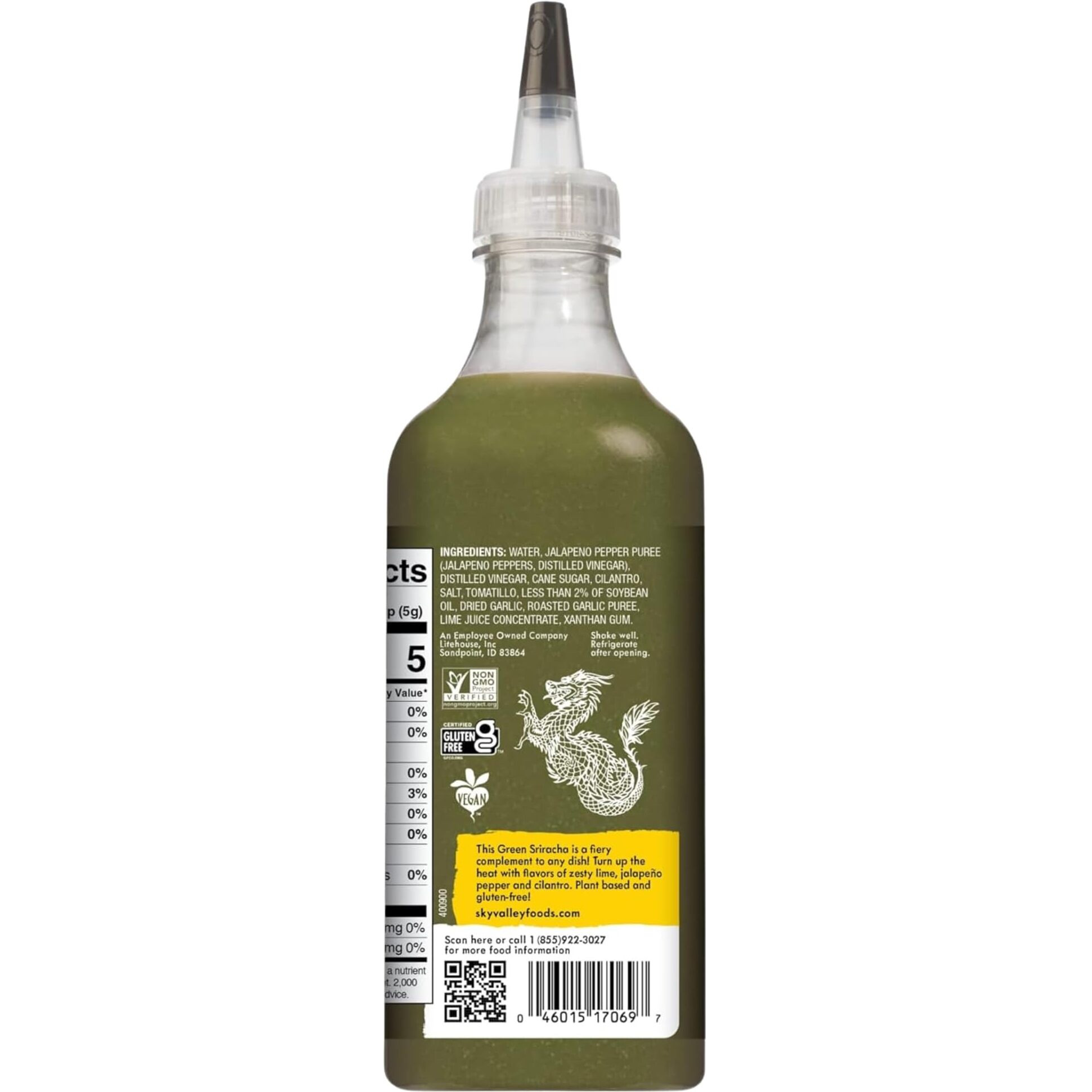 Sky Valley Green Sriracha Sauce - Spicy Green Sriracha Hot Sauce, Lime, Jalapeno Pepper, Cilantro, Plant Based, Vegan - 17.25 Oz Each, (Pack Of 2)