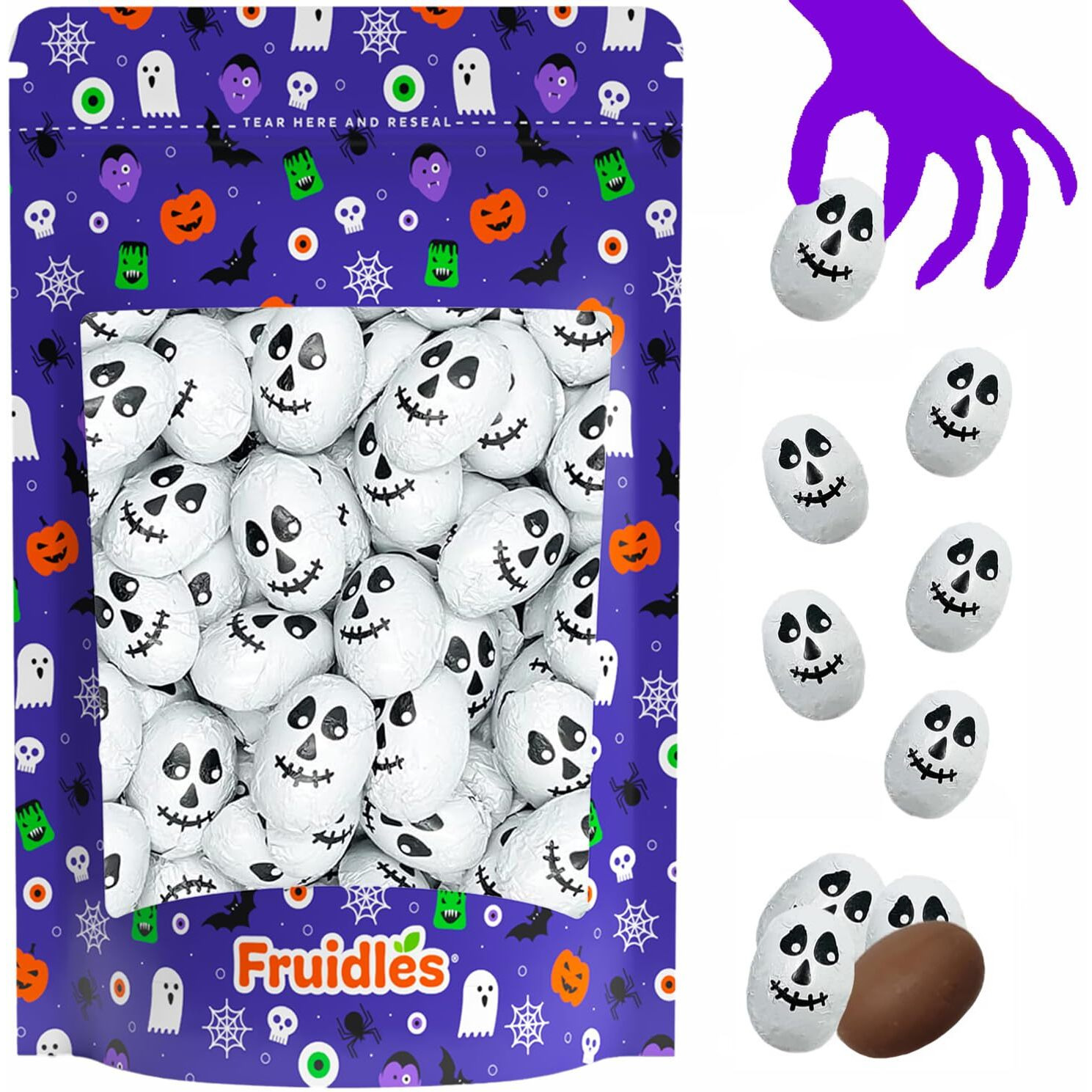 Fruidles Halloween Skulls, Double Crisp, Trick-Or-Treat Party Bag Fillers, Individually Wrapped In Multi-Color Skull Design Foils, Kosher Certified (Half-Pound)