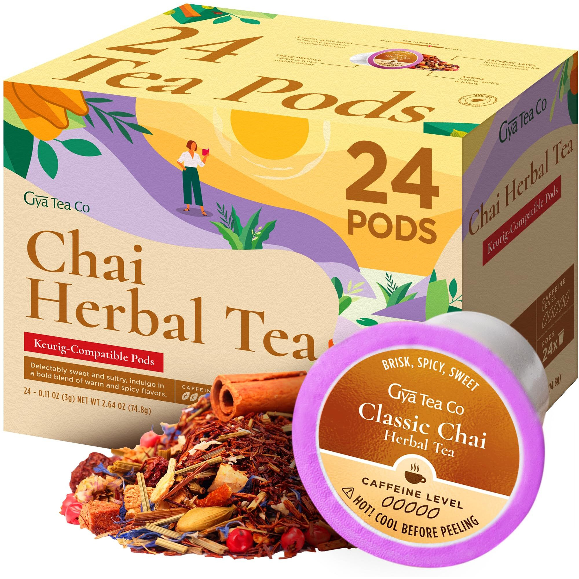 Gya Tea Co Chai Herbal Tea K Cups For Keurig (24 Ct) - Caffeine-Free Smooth Tea K Cups - Kickstart The Day With Tea Pods For Keurig - Finest Herbal Tea K Cup Tea Pods For Keurig 2.0 & 1.0 Tea Gift Set