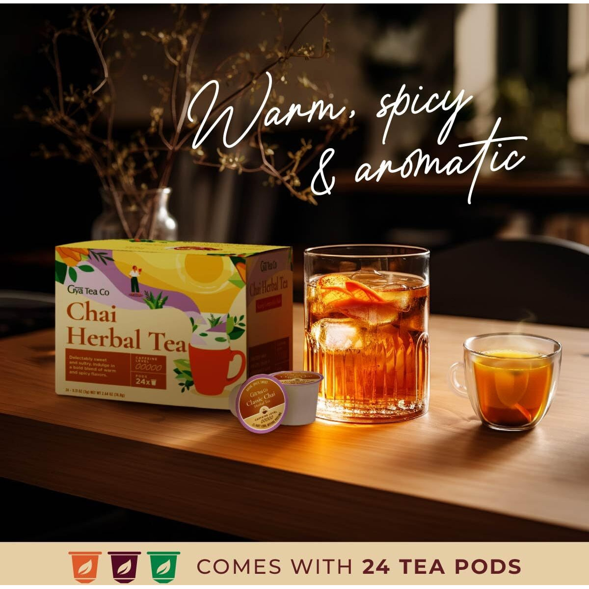 Gya Tea Co Chai Herbal Tea K Cups For Keurig (24 Ct) - Caffeine-Free Smooth Tea K Cups - Kickstart The Day With Tea Pods For Keurig - Finest Herbal Tea K Cup Tea Pods For Keurig 2.0 & 1.0 Tea Gift Set