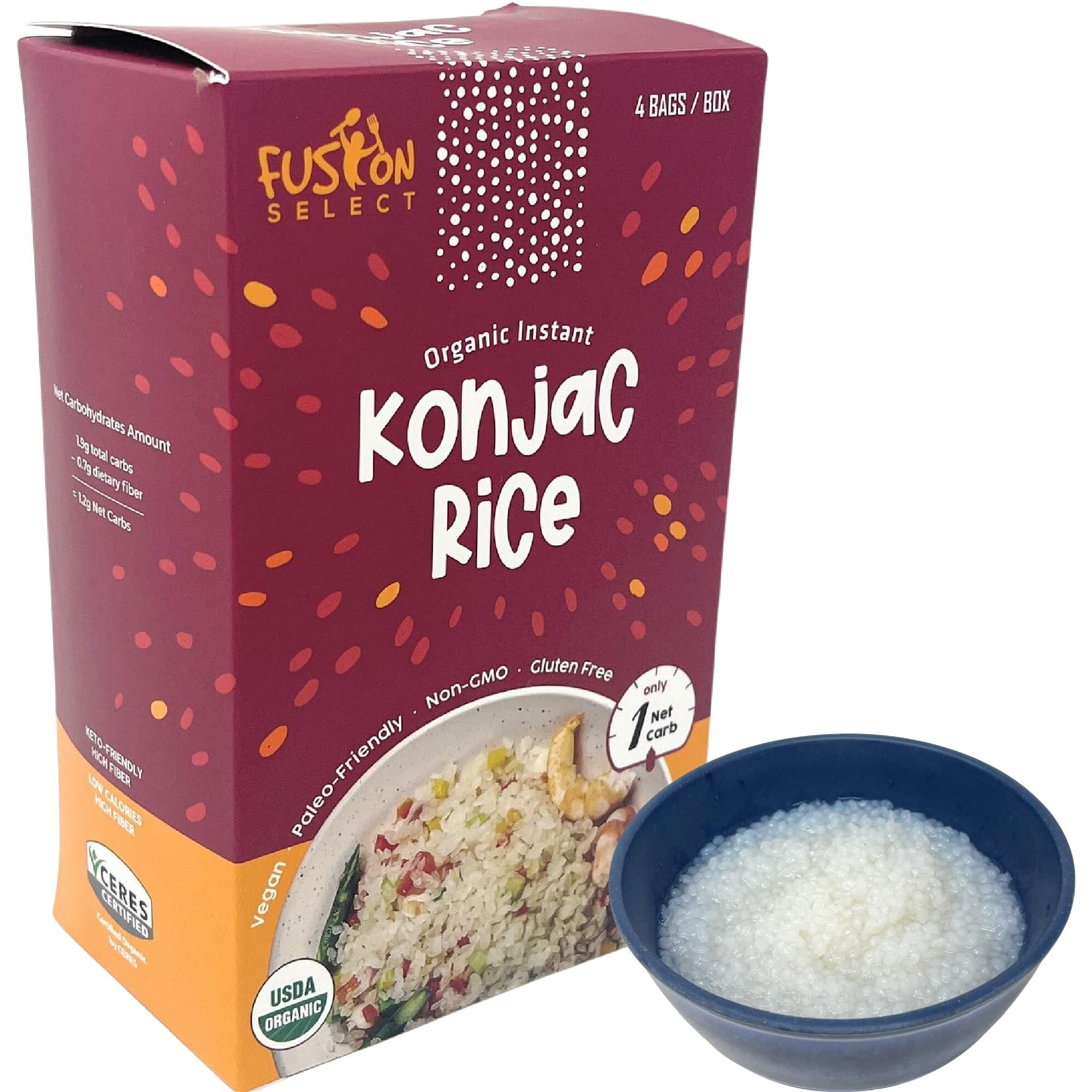 Fusion Select 4 Packs Organic Konjac Noodles - Shirataki Rice Plant-Based Substitute - Vegan Konjac Rice For Vegetarian, Keto, Paleo Recipes - Zero Gluten, Low Carb, Low Calorie Shirataki Konjac Rice