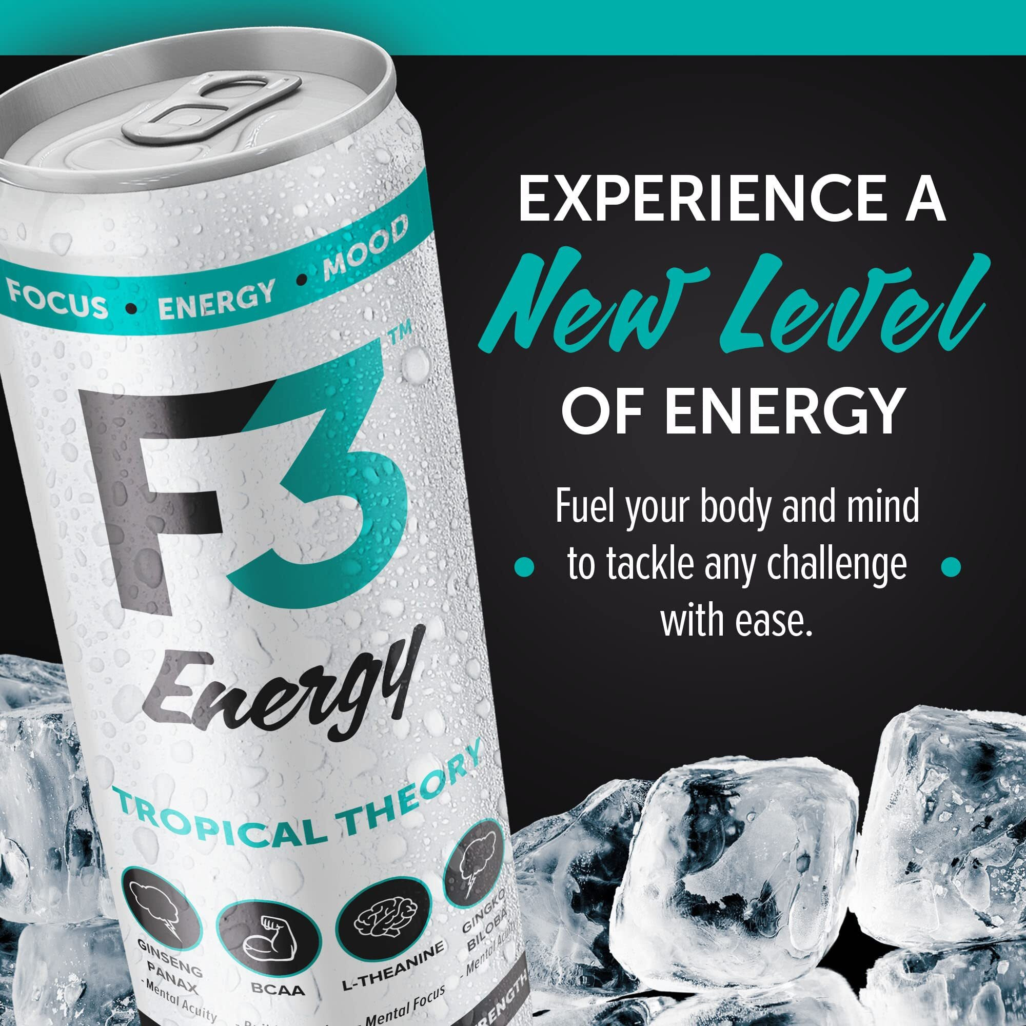 F3 Energy Tropical Theory Energy Drink - Muscle Building Sports Drinks W/Bcaa, Panax Ginseng & Ginkgo Biloba - Natural Energy Drinks For Mental Focus & Muscle Recovery, 125 Mg Caffeine (12 Pack)