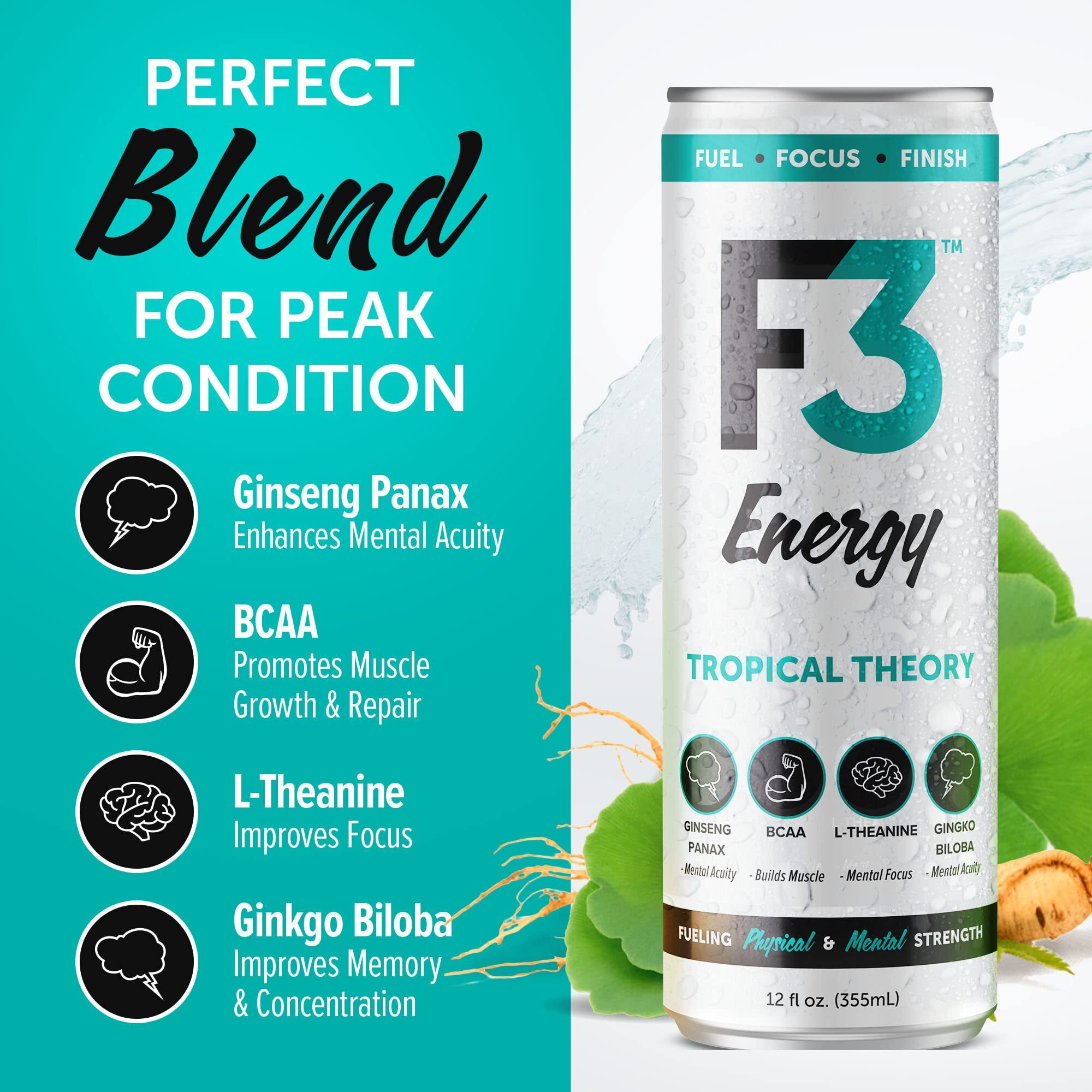 F3 Energy Tropical Theory Energy Drink - Muscle Building Sports Drinks W/Bcaa, Panax Ginseng & Ginkgo Biloba - Natural Energy Drinks For Mental Focus & Muscle Recovery, 125 Mg Caffeine (12 Pack)