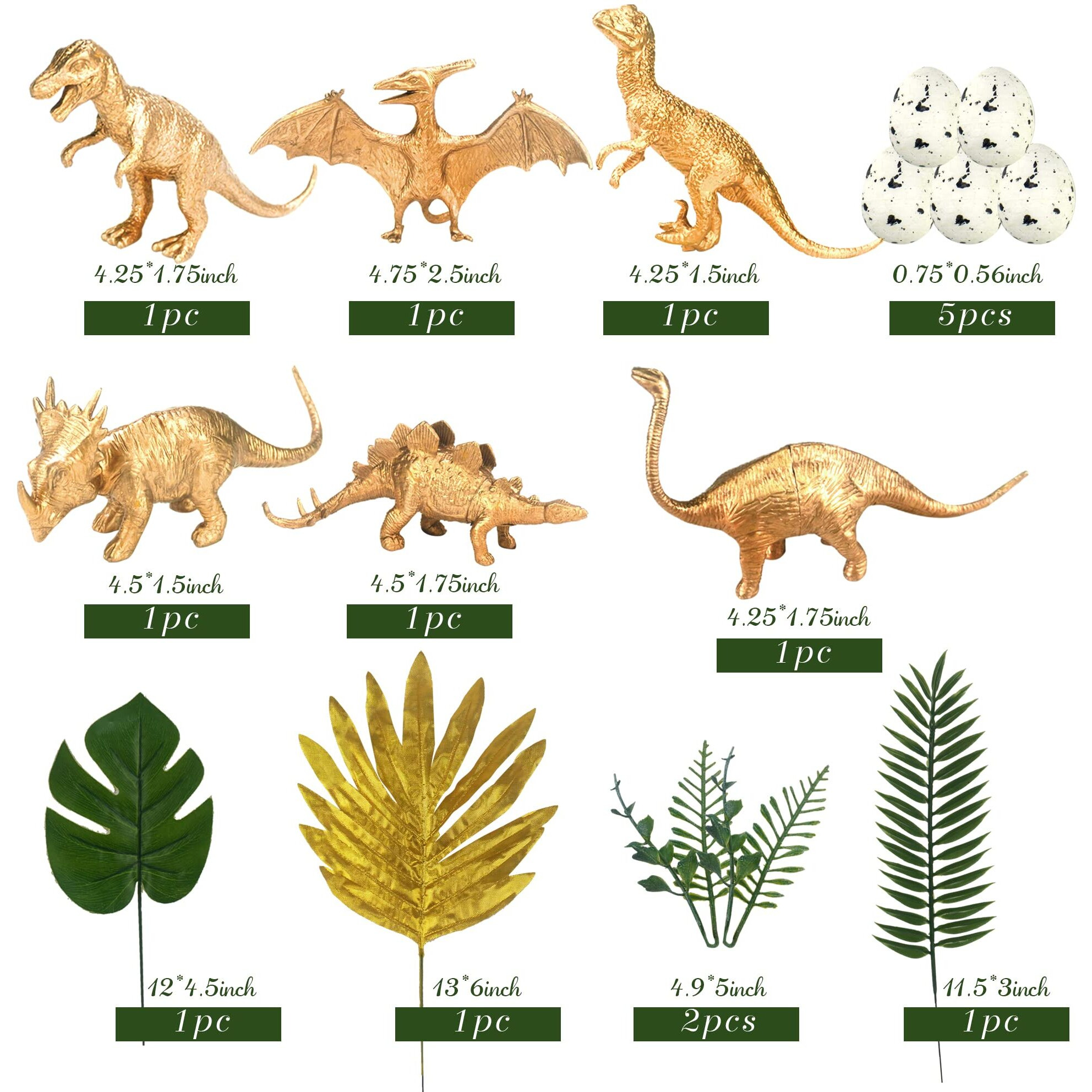 16 Pcs Metallic Gold Dinosaur Cake Decorations Dino Theme Cake Topper With Artificial Palm Leaves Dinosaur Eggs For Kids Boys Girls Baby Shower Birthday Party Supplies