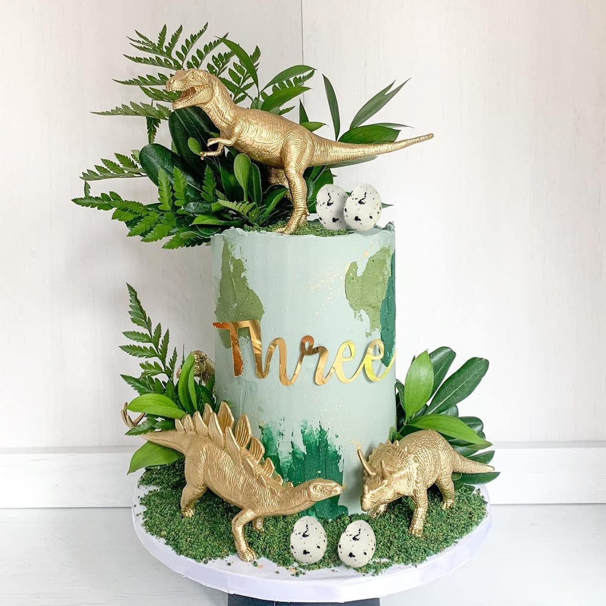 16 Pcs Metallic Gold Dinosaur Cake Decorations Dino Theme Cake Topper With Artificial Palm Leaves Dinosaur Eggs For Kids Boys Girls Baby Shower Birthday Party Supplies