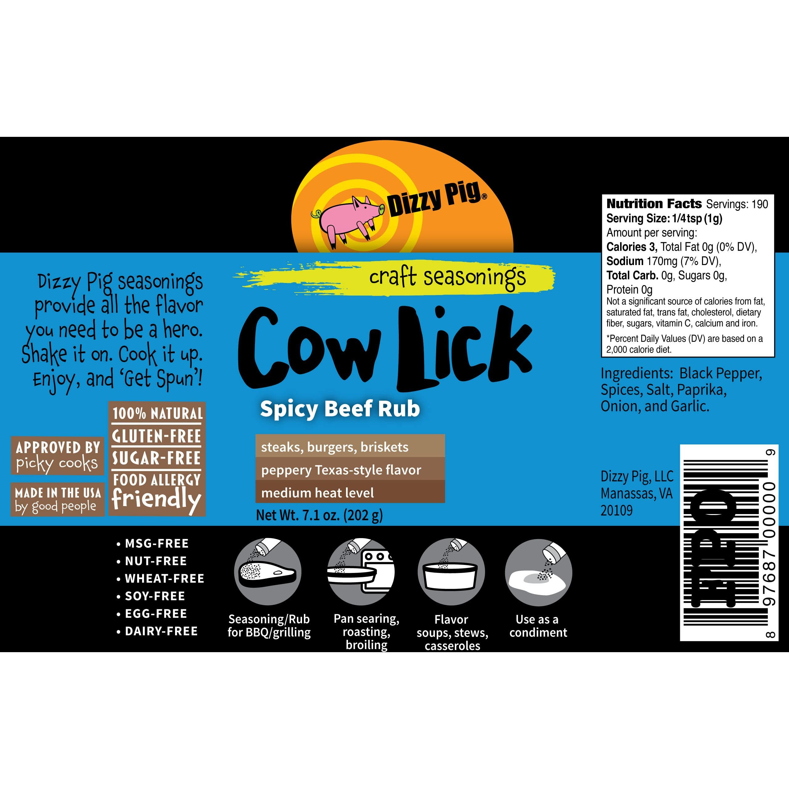 Dizzy Pig Barbecue Company Cow Lick Spicy Beef Rub (8Oz Shaker, Two Pack)