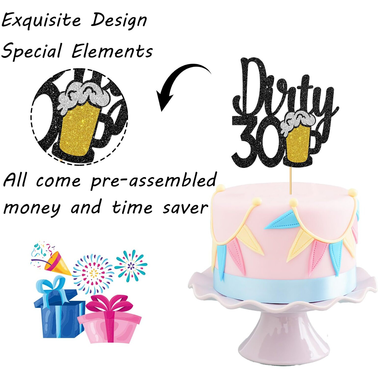 Maicaiffe Black Glitter Dirty 30 Cake Topper - Happy 30Th Birthday Cake Topper - Cheers To 30 Years - 30Th Birthday Cake Decorations