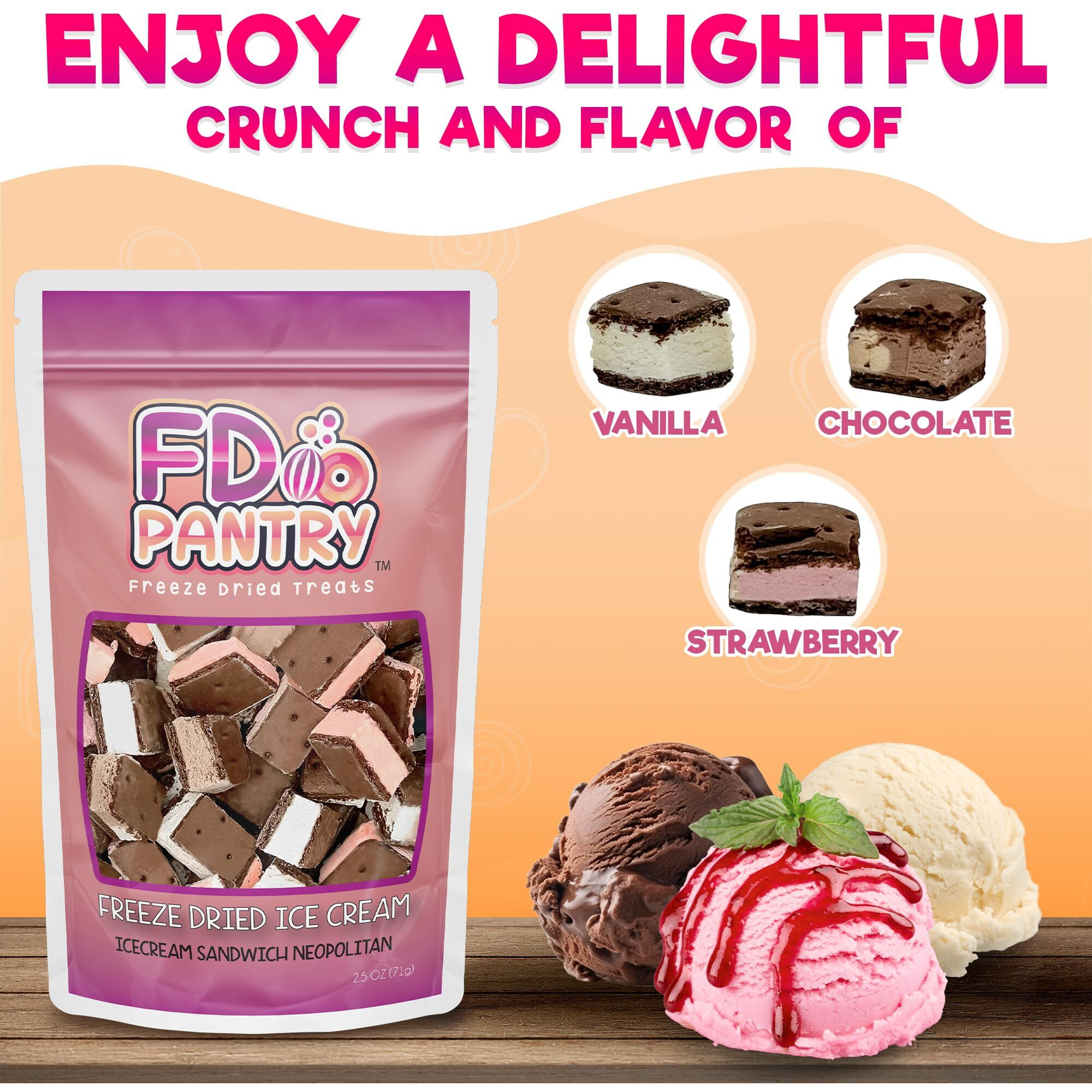 Freeze Dried Ice Cream Sandwich Bites - Neapolitan - Crunchy & Sweet Snack 2.5Oz Freeze-Dried Ice-Cream Pack Dehydrated Resealable Gift Bag - Strawberry Vanilla Chocolate