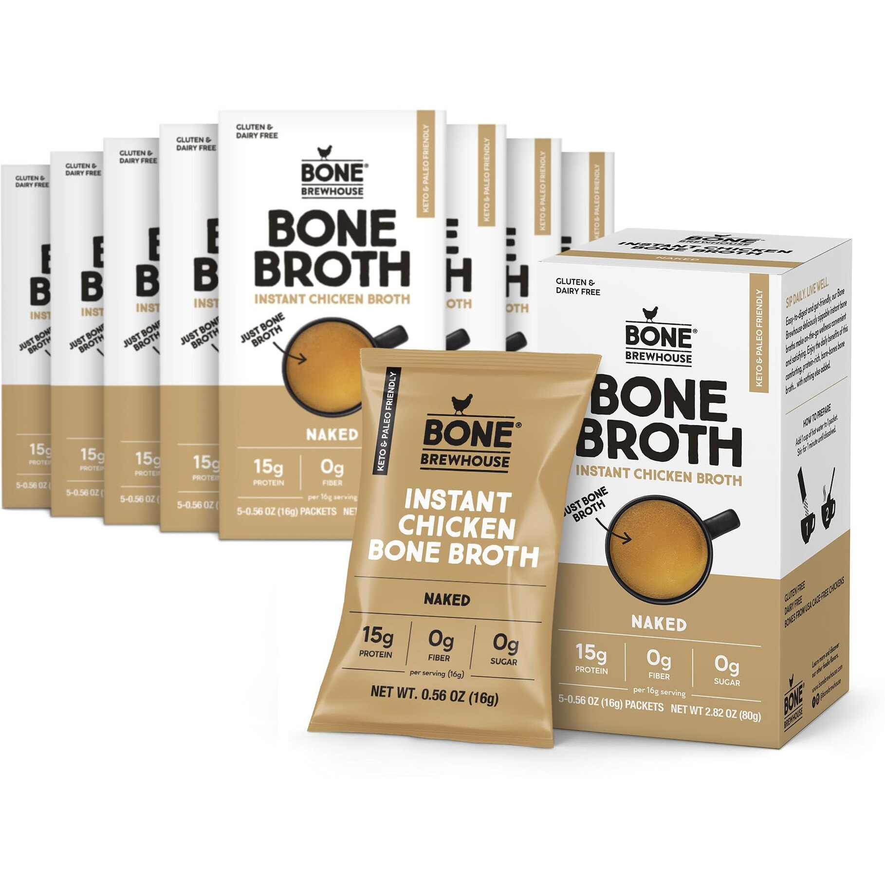Bone Brewhouse - 9 Pack - Unflavored Chicken Bone Broth Protein Powder - Keto & Paleo Friendly - Instant Soup Broth - 15G Protein - Natural Collagen, Gluten-Free & Dairy Free - 45 Individual Packets