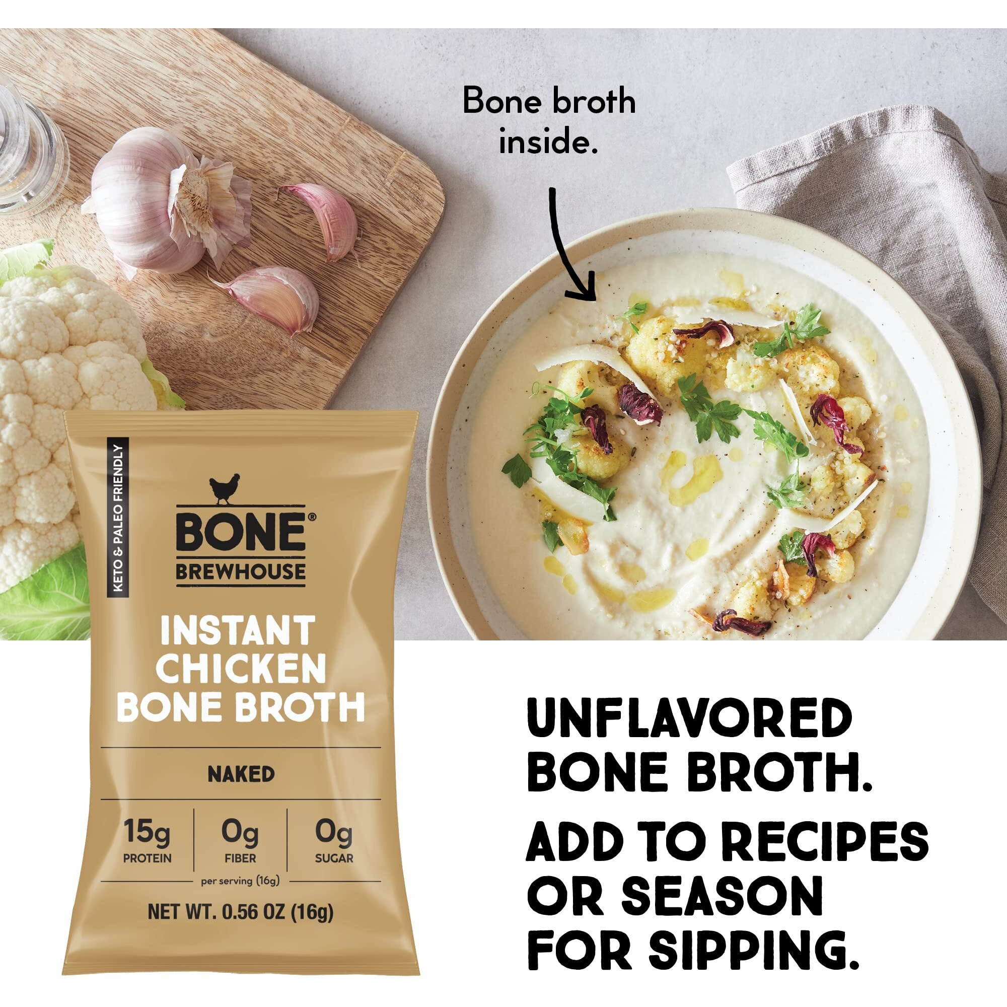 Bone Brewhouse - 9 Pack - Unflavored Chicken Bone Broth Protein Powder - Keto & Paleo Friendly - Instant Soup Broth - 15G Protein - Natural Collagen, Gluten-Free & Dairy Free - 45 Individual Packets