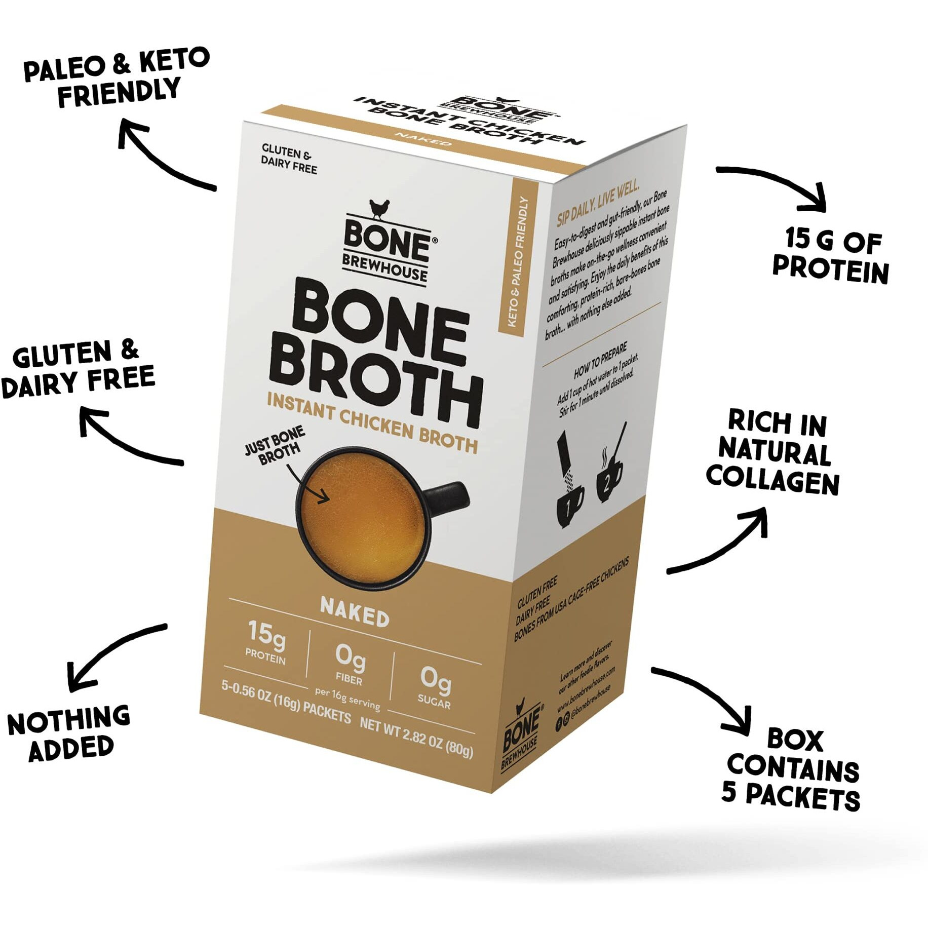 Bone Brewhouse - 9 Pack - Unflavored Chicken Bone Broth Protein Powder - Keto & Paleo Friendly - Instant Soup Broth - 15G Protein - Natural Collagen, Gluten-Free & Dairy Free - 45 Individual Packets