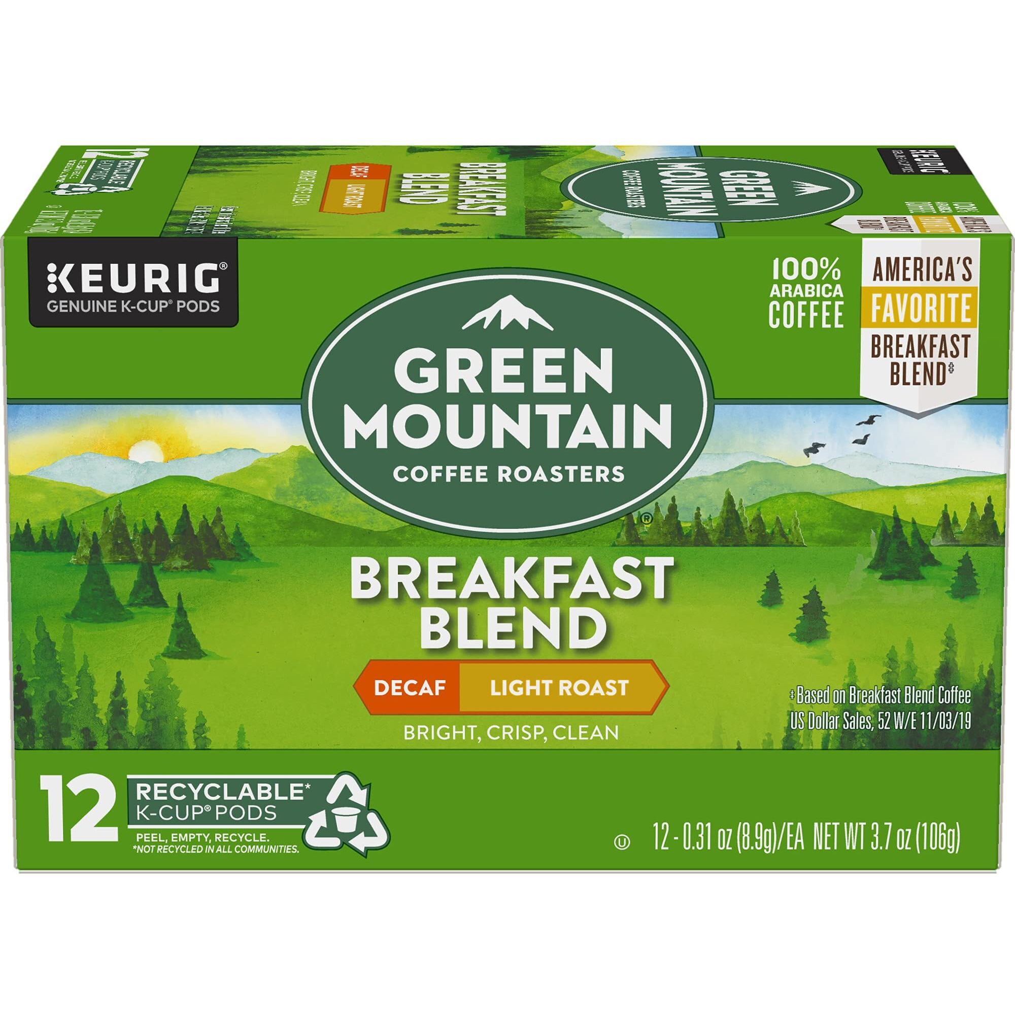 Green Mountain Keurig Decaf Coffee Breakfast Blend, 0.31 Ounce (Pack Of 12)