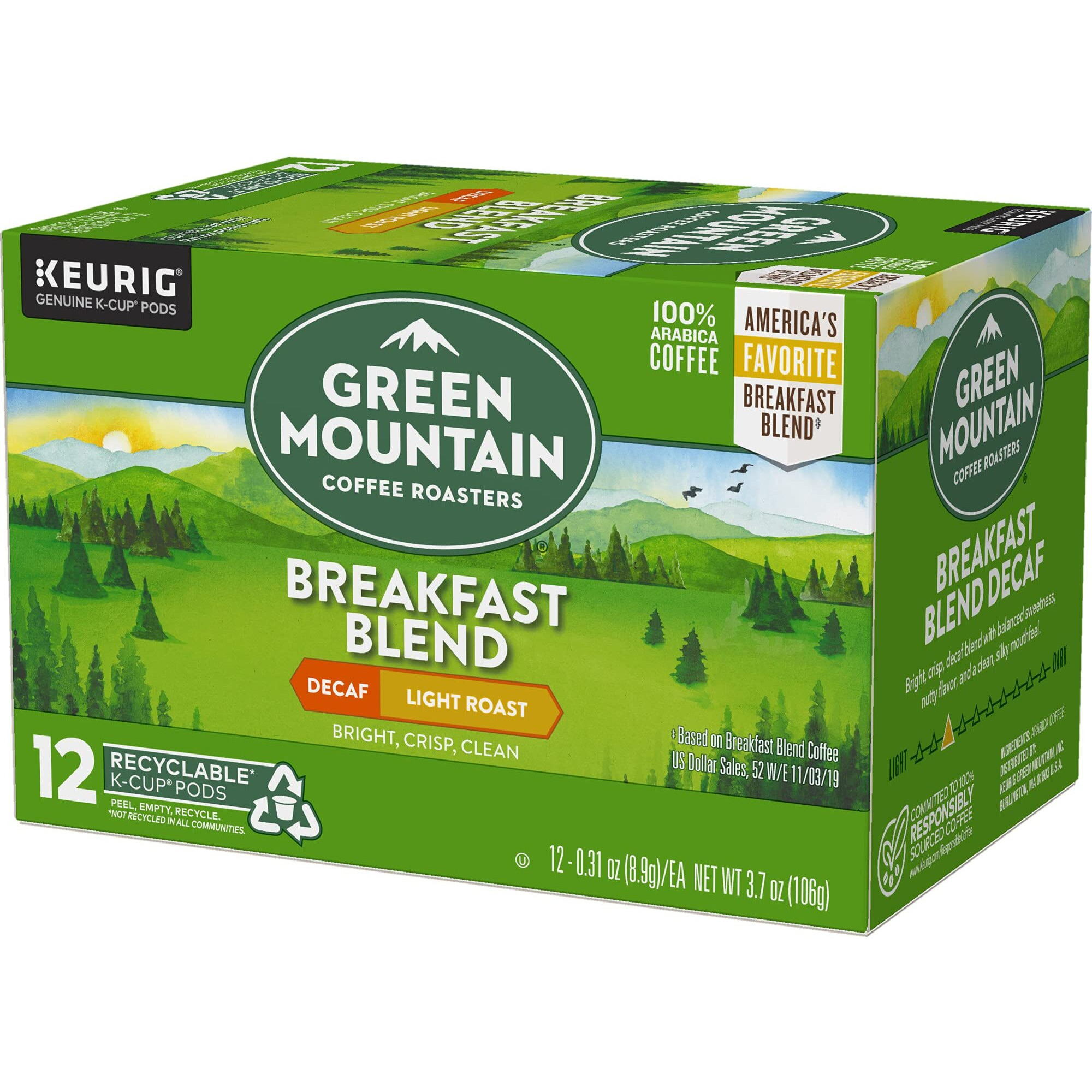 Green Mountain Keurig Decaf Coffee Breakfast Blend, 0.31 Ounce (Pack Of 12)