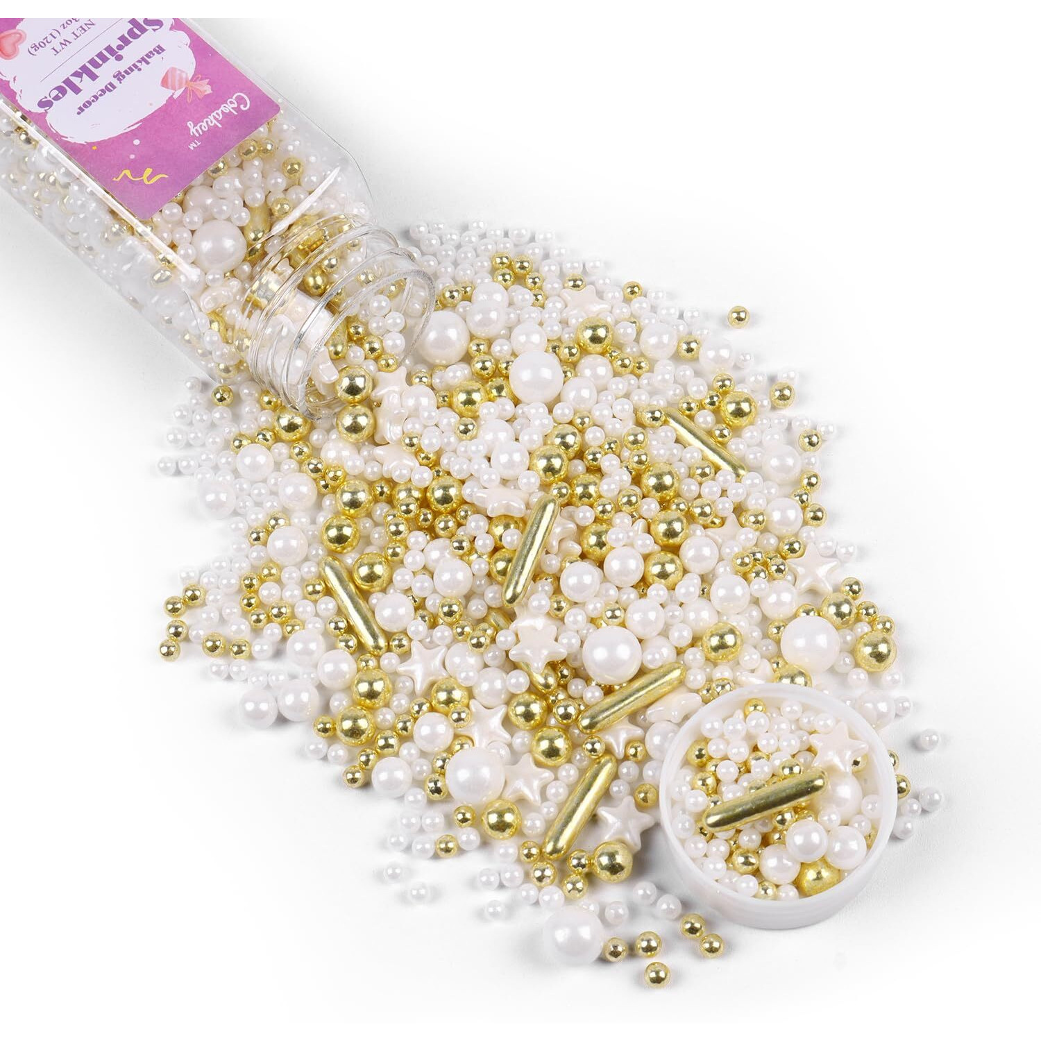 White Deluxe Gold Sprinkles For Cake Decorating 4.23Ounce - Sugar Mix Contains Star & Pearl Sprinkles For Cupcake Toppers, Ice Cream, Candy, Cookie Decorations - Holiday Party Supplies