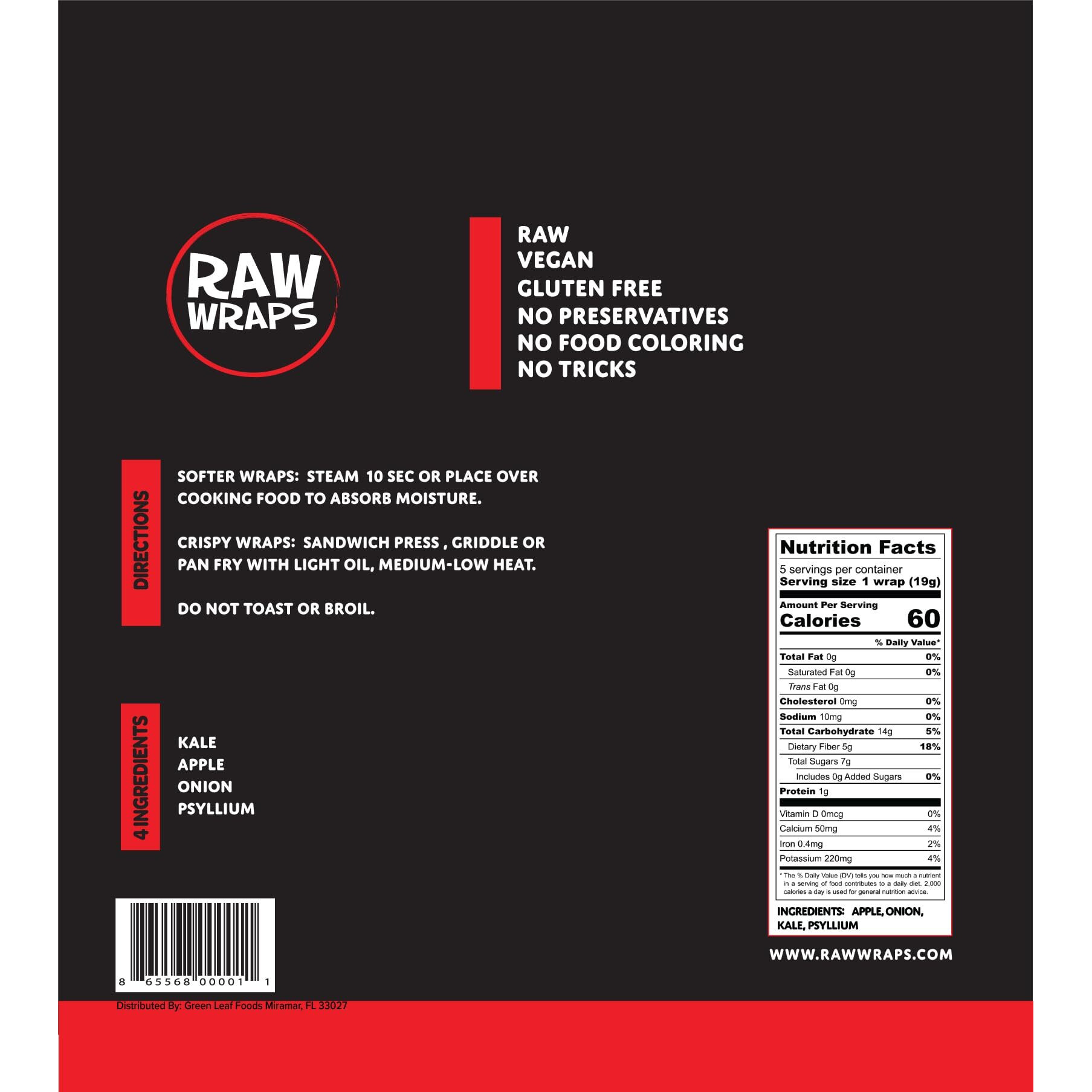 Raw Wraps, Gluten Free, Paleo, And Keto Friendly, Shelf Stable, 5 Wraps Per Pack , Vegan, Non-Gmo, No Added Salt Or Sugar, Yeast Free, Low Carb Tortilla Wraps, Kale Flavor