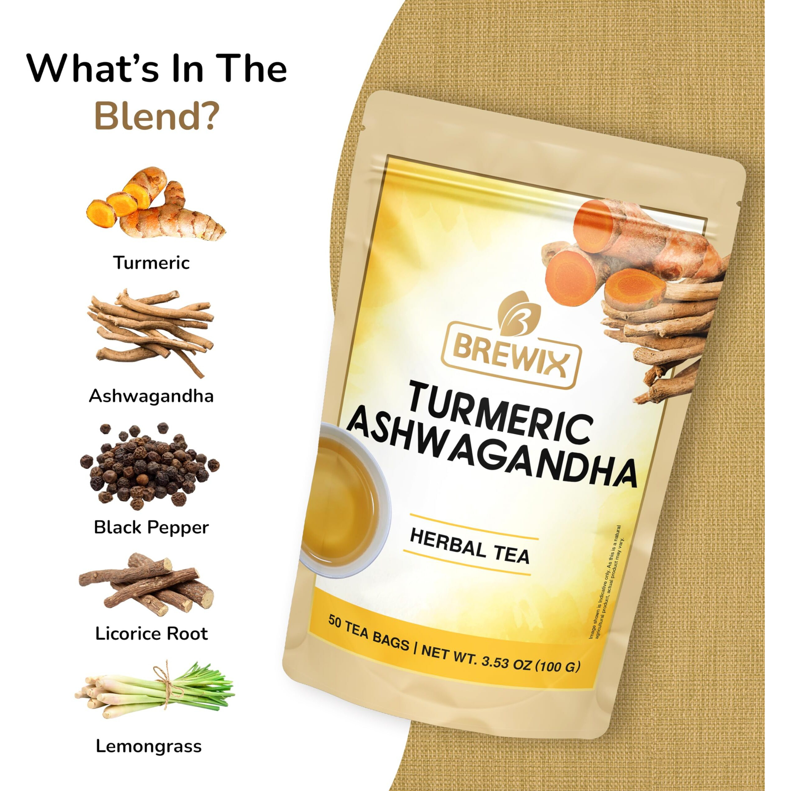 Brewix, Turmeric Ashwagandha Herbal Tea Bags (50 Pyramid Tea Bags) Real Ingredients From India, Caffeine Free & Naturally Gluten Free | 100% Pure Herbal Blend Packed In Resealable Ziplock Pouch