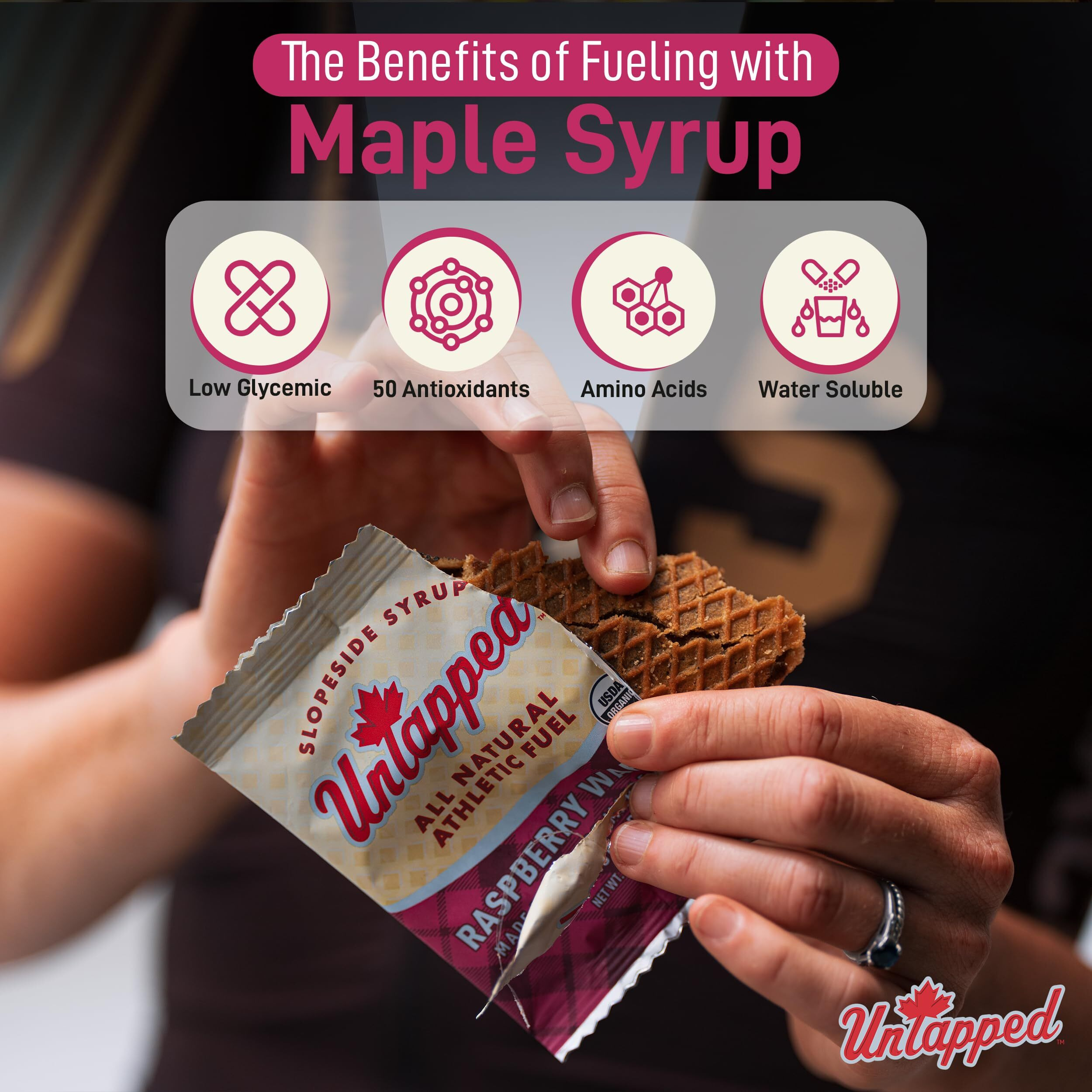 Untapped Organic Raspberry Waffles 1.1 Oz Each, Box Of 16 - Endurance Sports Snacks Sweetened With Real Maple Syrup, Maple Sugar, And Real Raspberries | Vegan & Real Food Waffles| Ideal For Athletic Performance