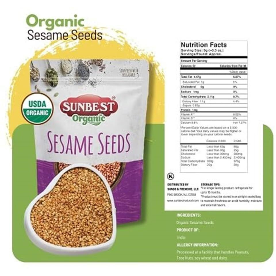 Sunbest Natural Organic Brown Sesame Seeds 32 Oz.(2 Lb) - Usda Organic, Non-Gmo, Vegan, Gluten-Free, Kosher - Fresh & Nutrient-Rich Snack, Topping, Baking - 2-Pack 16 Oz