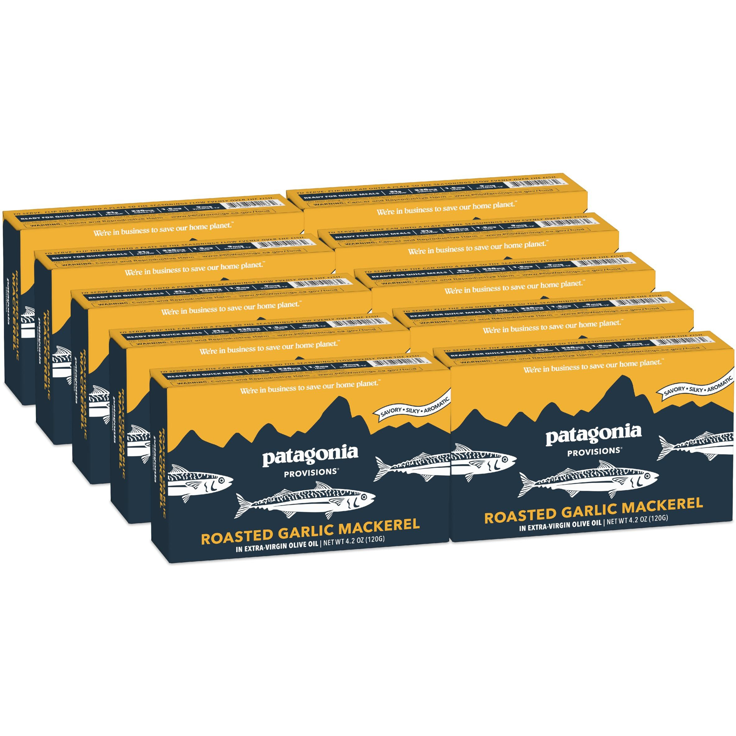 Patagonia Provisions Roasted Garlic Wild Mackerel | Responsibly Sourced In Spain | 21G Protein & Gluten Free | 10-Pack