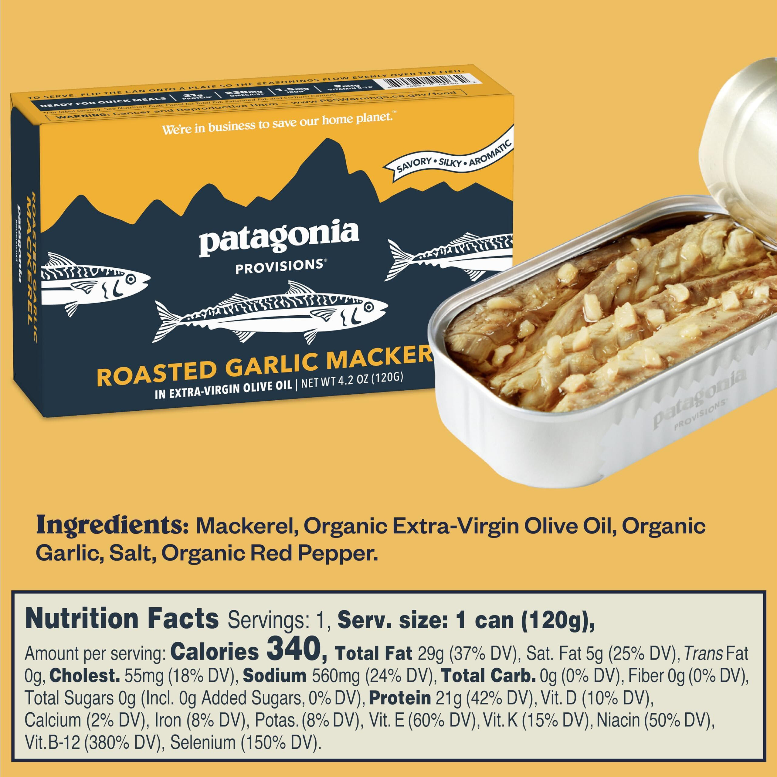 Patagonia Provisions Roasted Garlic Wild Mackerel | Responsibly Sourced In Spain | 21G Protein & Gluten Free | 10-Pack