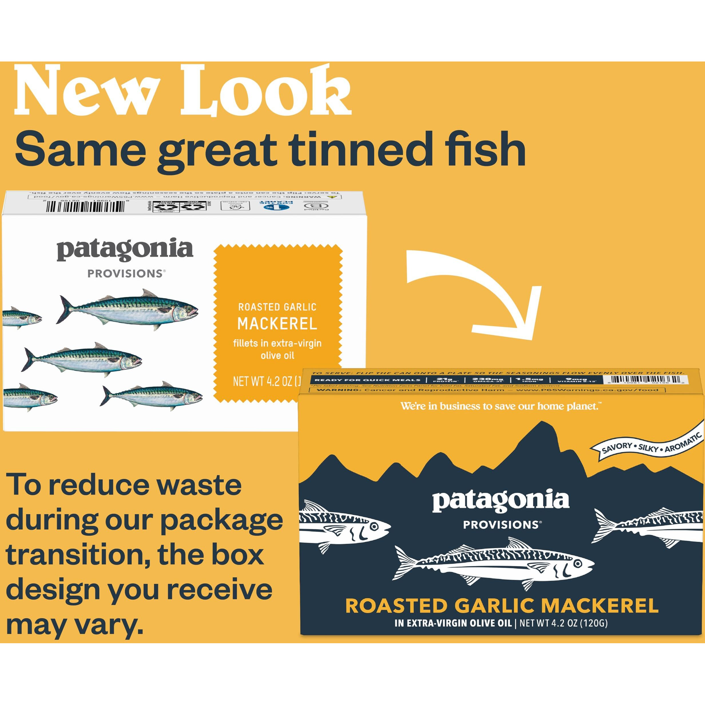 Patagonia Provisions Roasted Garlic Wild Mackerel | Responsibly Sourced In Spain | 21G Protein & Gluten Free | 10-Pack