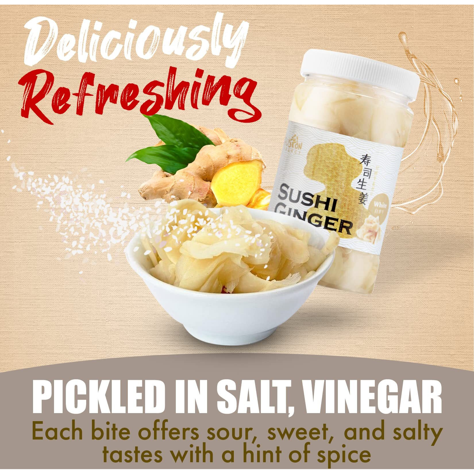 Fusion Select 3 Packs Pink Sushi Ginger - Natural Sliced Gari, Pickled Ginger For Sushi - No Msg, Non-Gmo - Spicy, Sour, Sweet & Salty Taste Notes - Side Dish For Sashimi, Sushi Ingredients - 12Oz