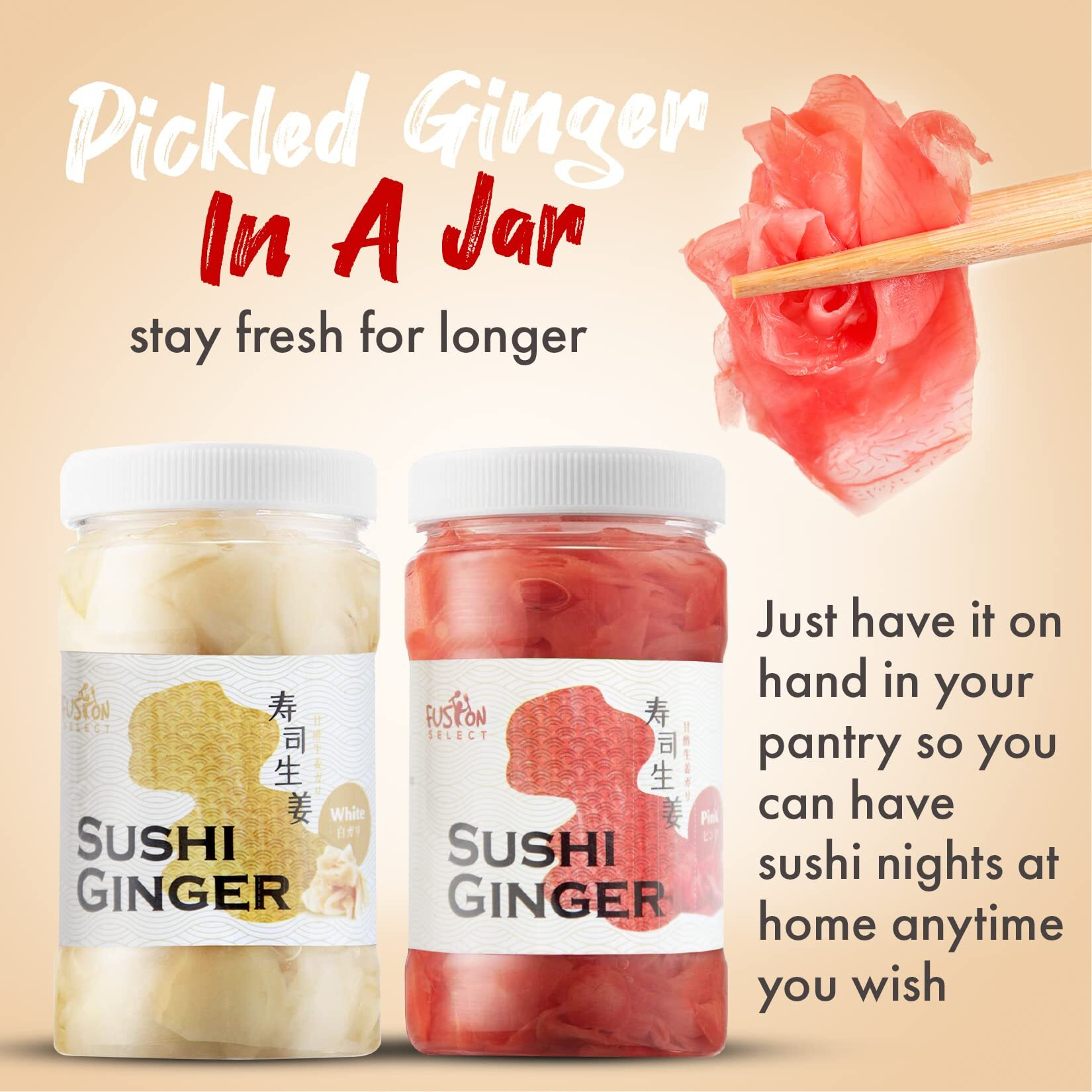 Fusion Select 3 Packs Pink Sushi Ginger - Natural Sliced Gari, Pickled Ginger For Sushi - No Msg, Non-Gmo - Spicy, Sour, Sweet & Salty Taste Notes - Side Dish For Sashimi, Sushi Ingredients - 12Oz