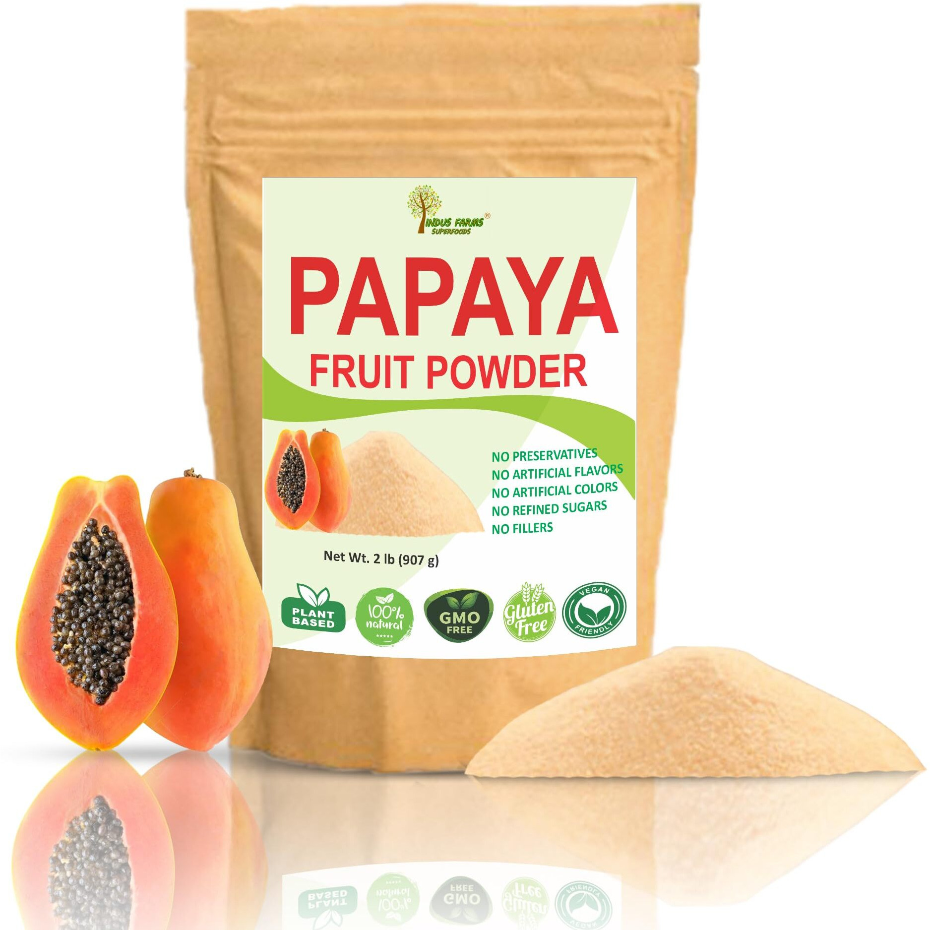 Indus Farms All Natural Papaya Whole Fruit Powder, 2 Lb, Nutritious Ingredient For Smoothies, Yogurts, Baked Goods, Marinades, Papain Food Tenderizer, Gmo-Free