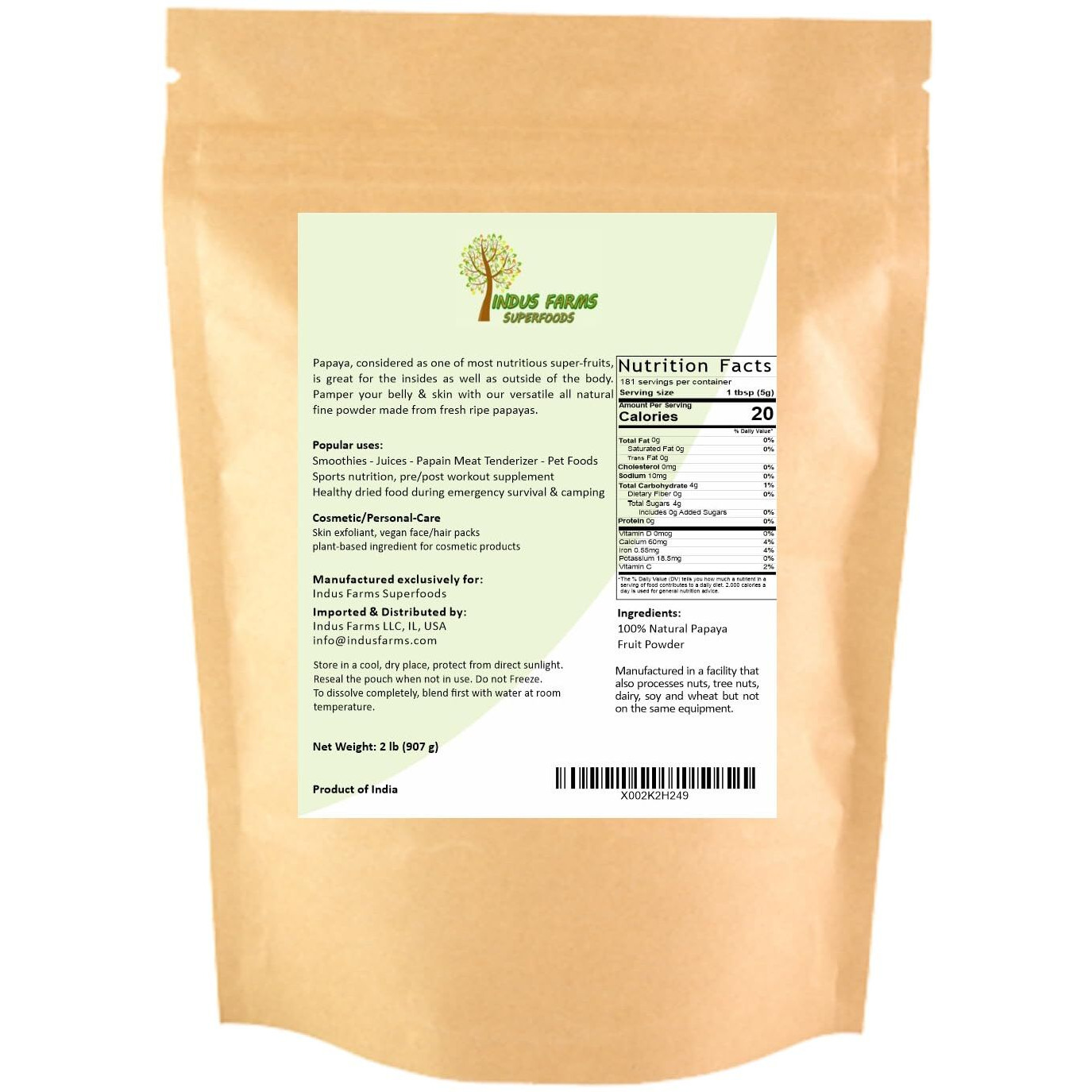 Indus Farms All Natural Papaya Whole Fruit Powder, 2 Lb, Nutritious Ingredient For Smoothies, Yogurts, Baked Goods, Marinades, Papain Food Tenderizer, Gmo-Free