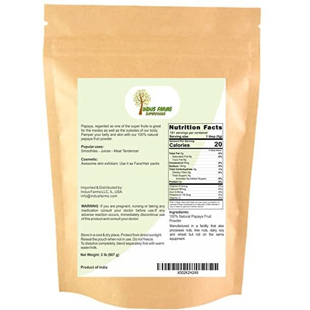 Indus Farms All Natural Papaya Whole Fruit Powder, 2 Lb, Nutritious Ingredient For Smoothies, Yogurts, Baked Goods, Marinades, Papain Food Tenderizer, Gmo-Free
