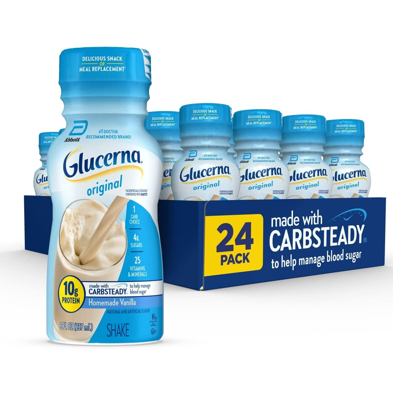 Glucerna Nutritional Shake, Diabetic Drink To Support Blood Sugar Management, 10G Protein, 180 Calories, Homemade Vanilla, 8-Fl-Oz Bottle, 24 Count