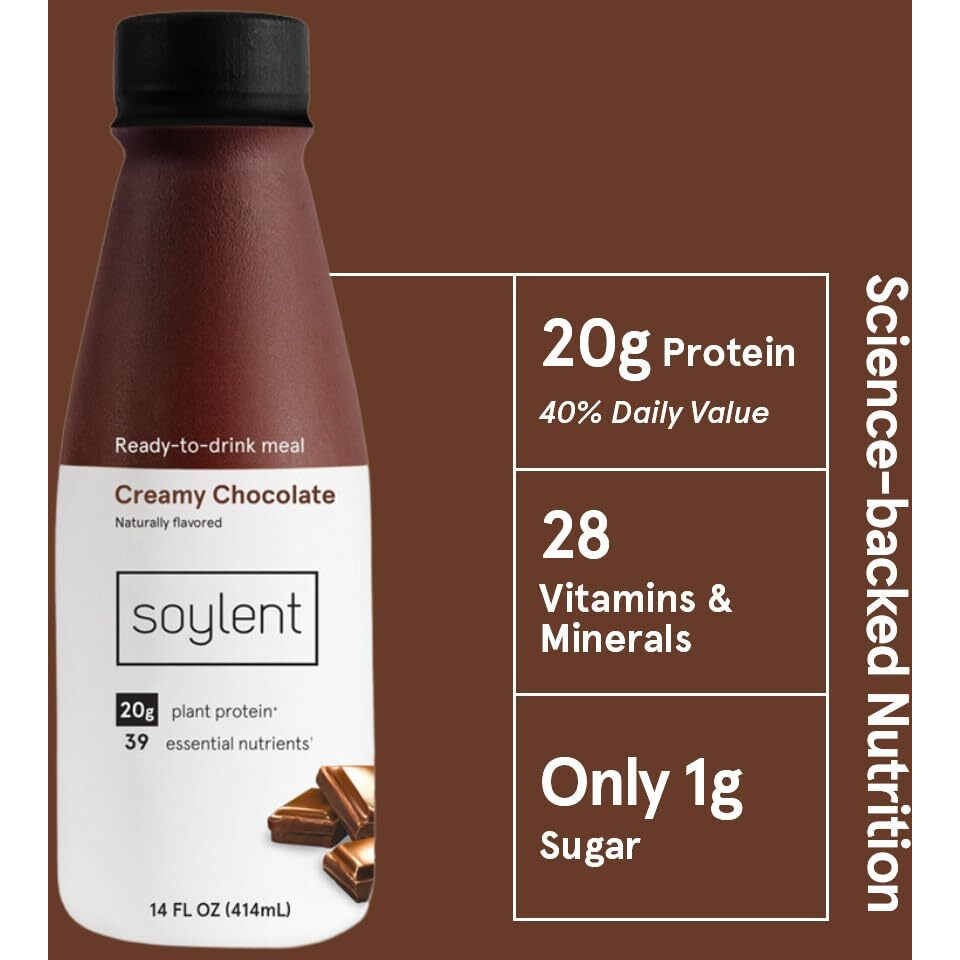 Soylent Creamy Chocolate Meal Replacement Shake, Ready-To-Drink Plant Based Protein Drink, Contains 20G Complete Vegan Protein And 1G Sugar, 14Oz, 12 Pack