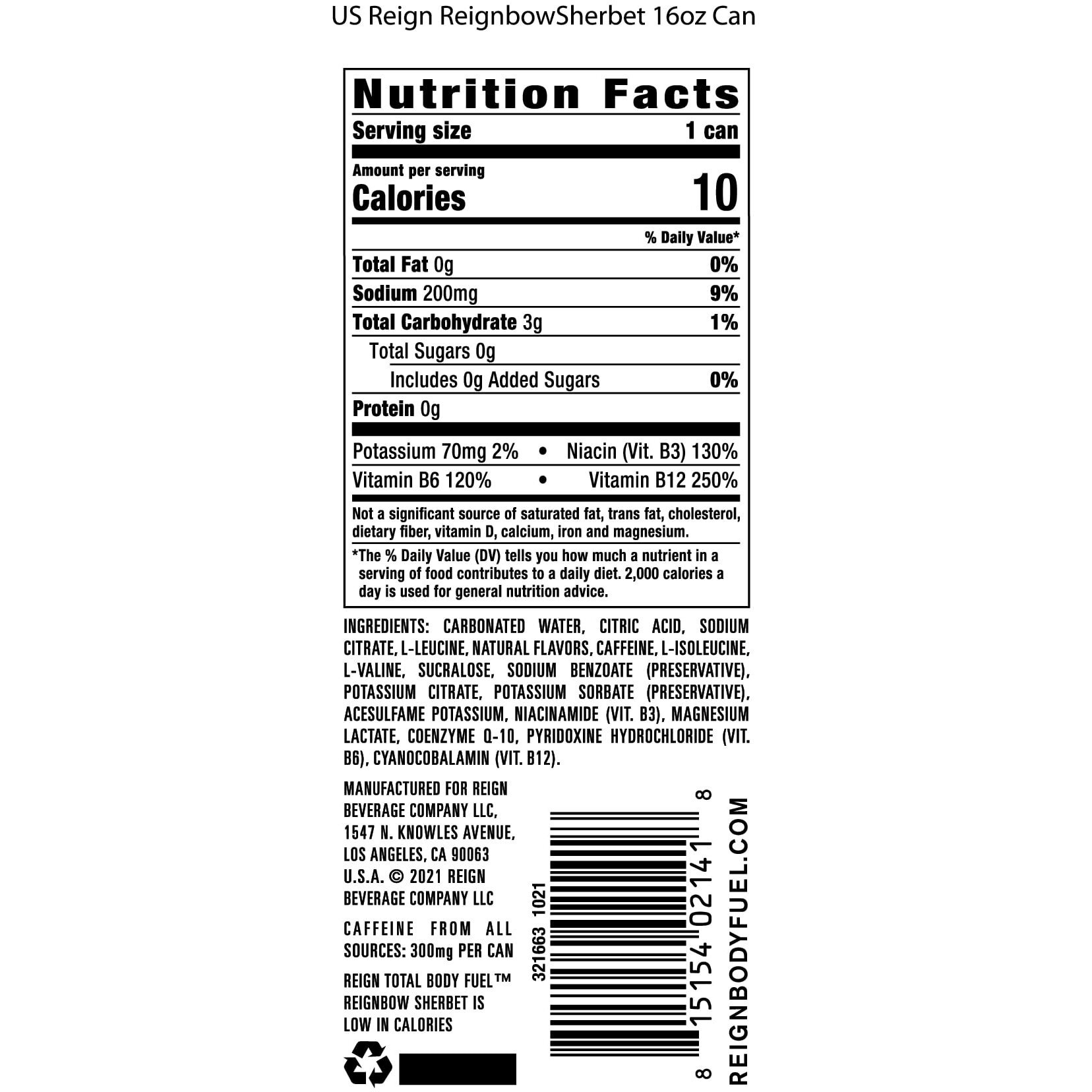 Reign Total Body Fuel, Reignbow Sherbet, Fitness & Performance Drink, 16 Fl Oz (Pack Of 12)