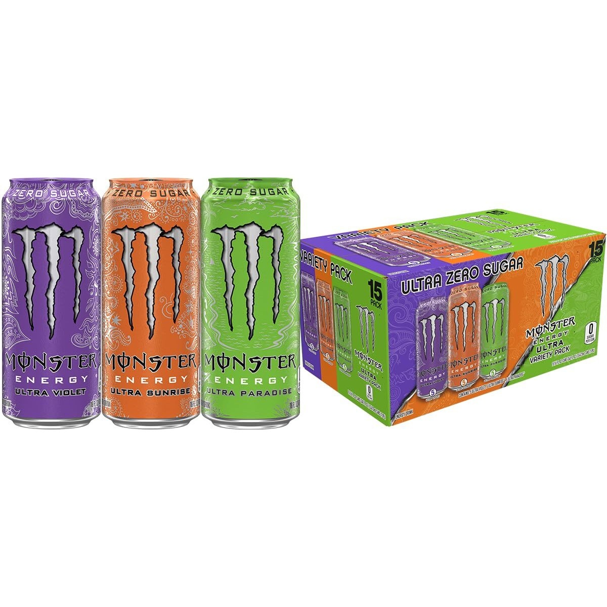 Monster Energy Ultra Variety Pack, Ultra Violet, Ultra Sunrise, Ultra Paradise, Sugar Free Energy Drink, 16 Ounce (Pack Of 15)
