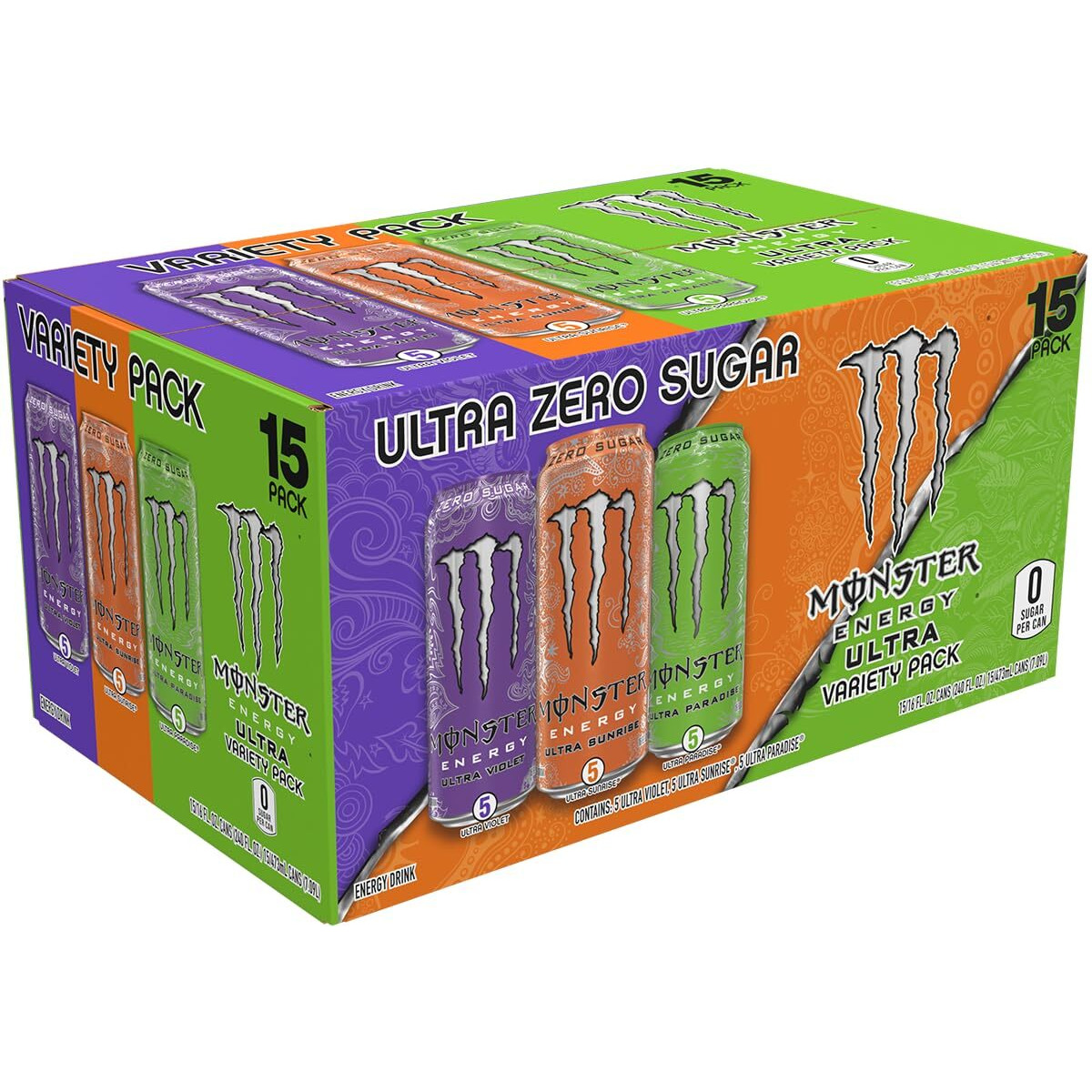 Monster Energy Ultra Variety Pack, Ultra Violet, Ultra Sunrise, Ultra Paradise, Sugar Free Energy Drink, 16 Ounce (Pack Of 15)