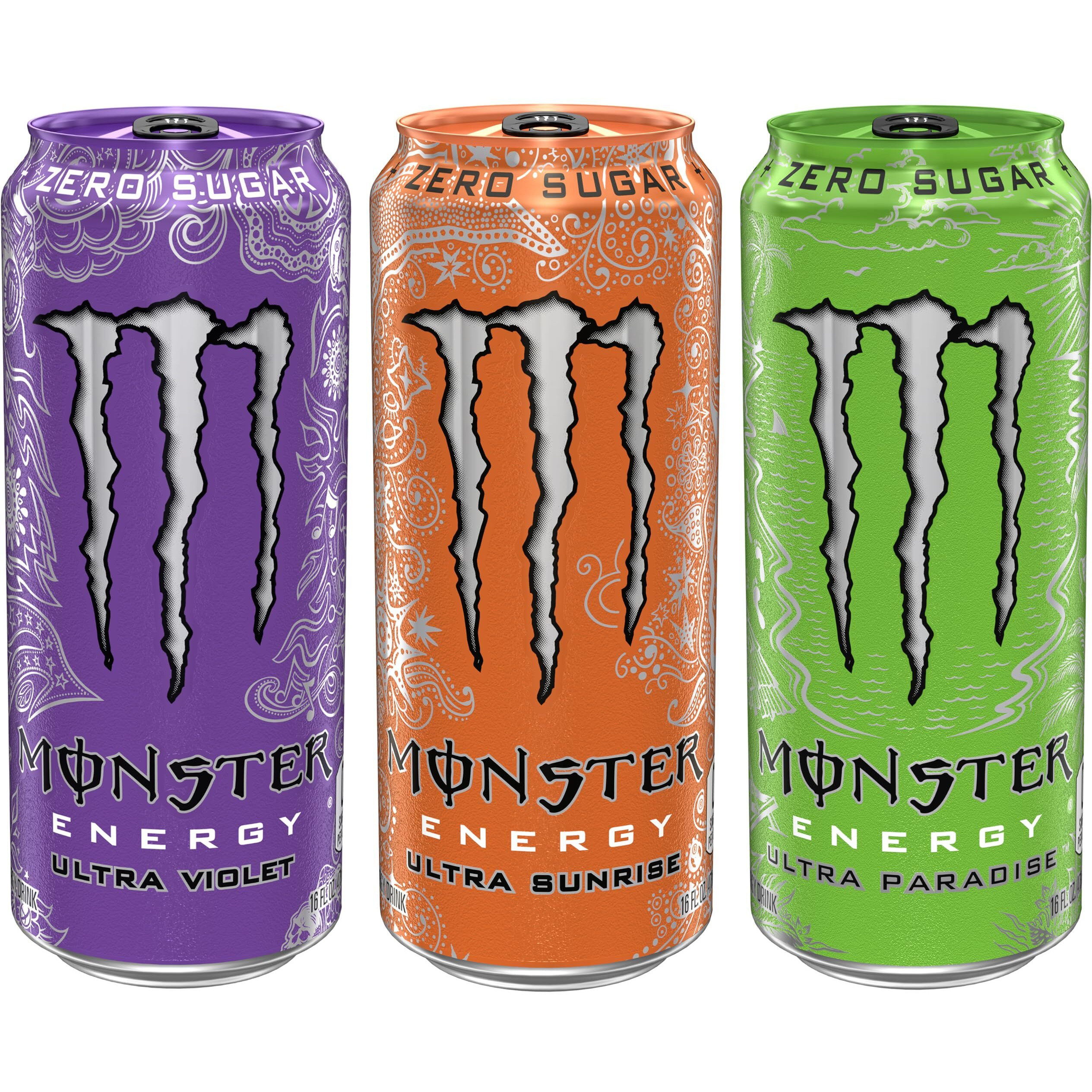 Monster Energy Ultra Variety Pack, Ultra Violet, Ultra Sunrise, Ultra Paradise, Sugar Free Energy Drink, 16 Ounce (Pack Of 15)