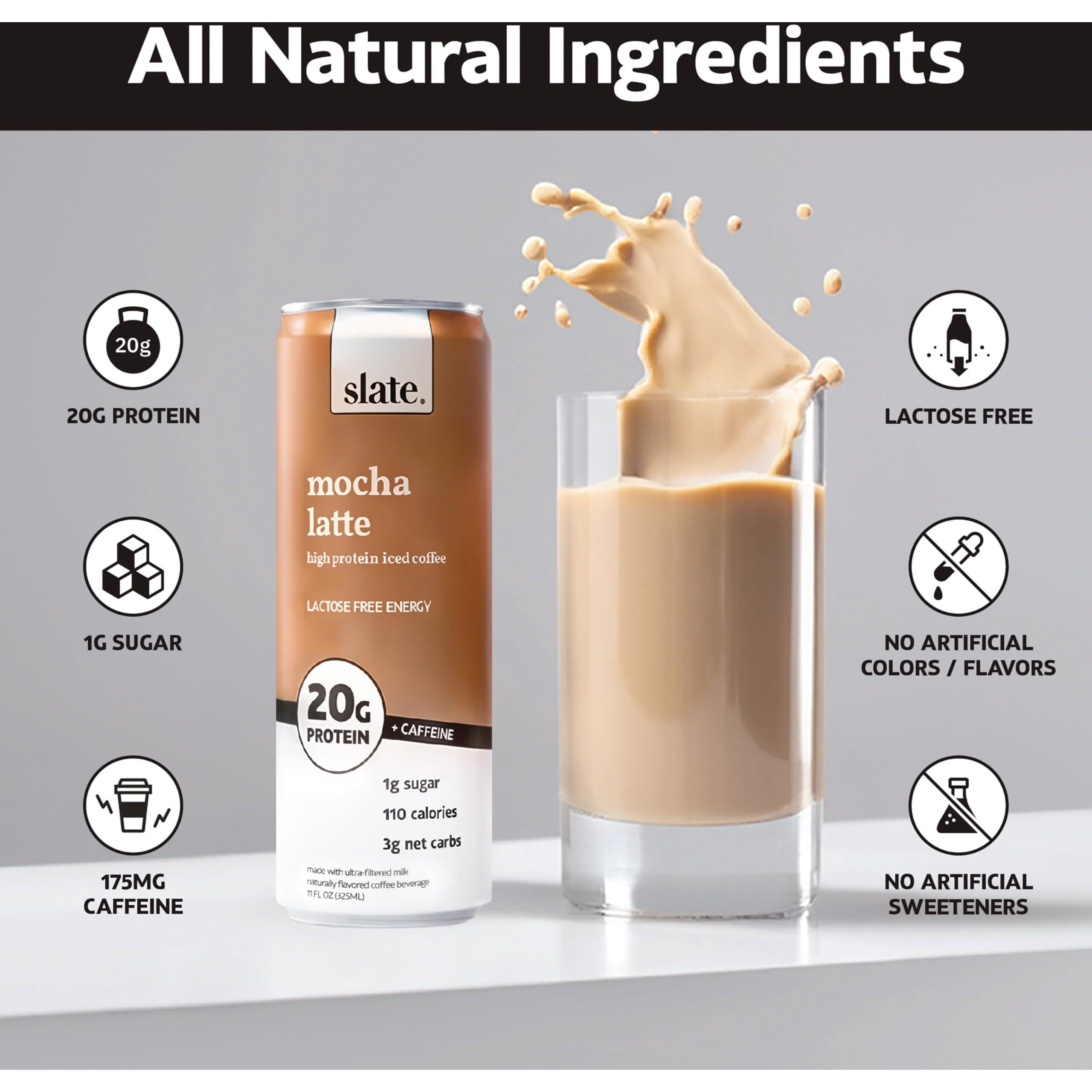 Slate Milk - High Protein Iced Coffee - Energy Variety Pack - Caramel Latte, Mocha Latte, Vanilla Latte - 175Mg Caffeine, Lactose Free - 20G Protein, 1G Sugar - Protein Coffee - 11 Fl Oz, 12 Cans