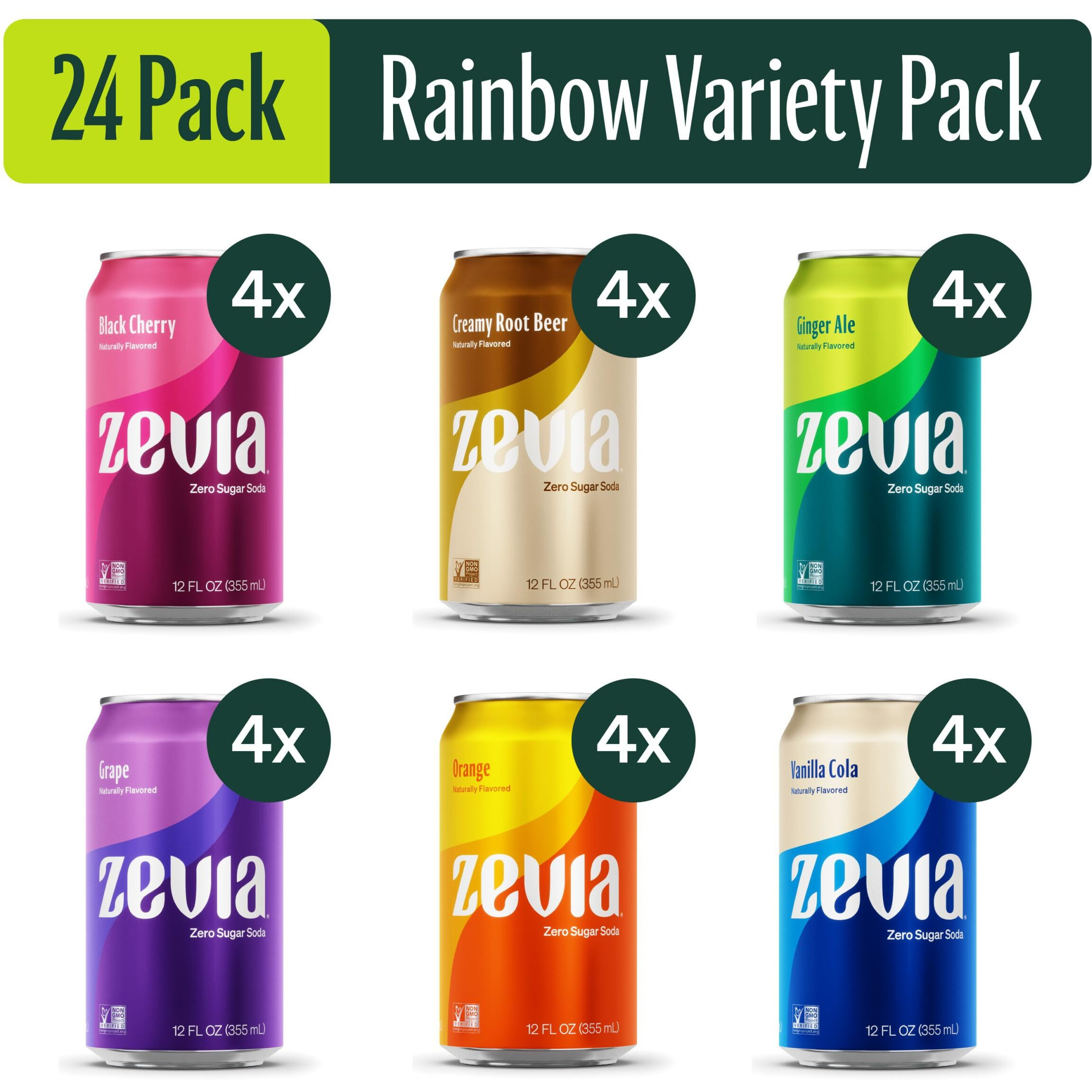 Zevia Zero Sugar, 6-Flavor Rainbow Soda Variety Pack, 12 Fl Oz Cans (Pack Of 24)