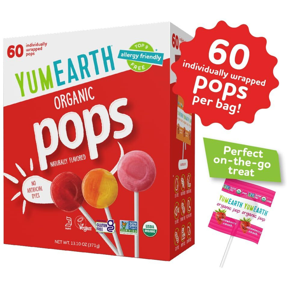 Yumearth Organic Pops Variety Pack, 60 Fruit Flavored Favorites Lollipops, Allergy Friendly, Gluten Free, Non-Gmo, Vegan, No Artificial Flavors Or Dyes
