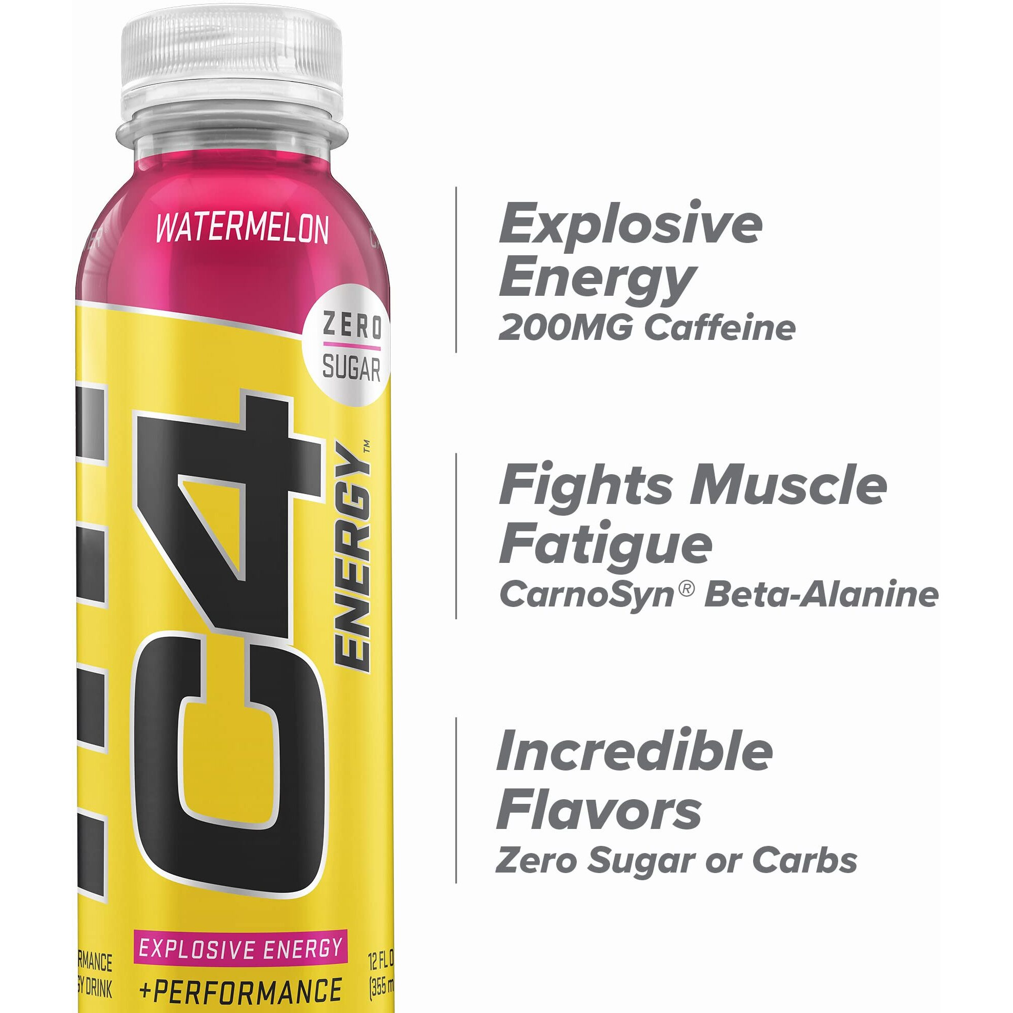 C4 Energy Non-Carbonated Zero Sugar Energy Drink, Pre Workout Drink + Beta Alanine, Watermelon, 12 Fl Oz (Pack Of 12)