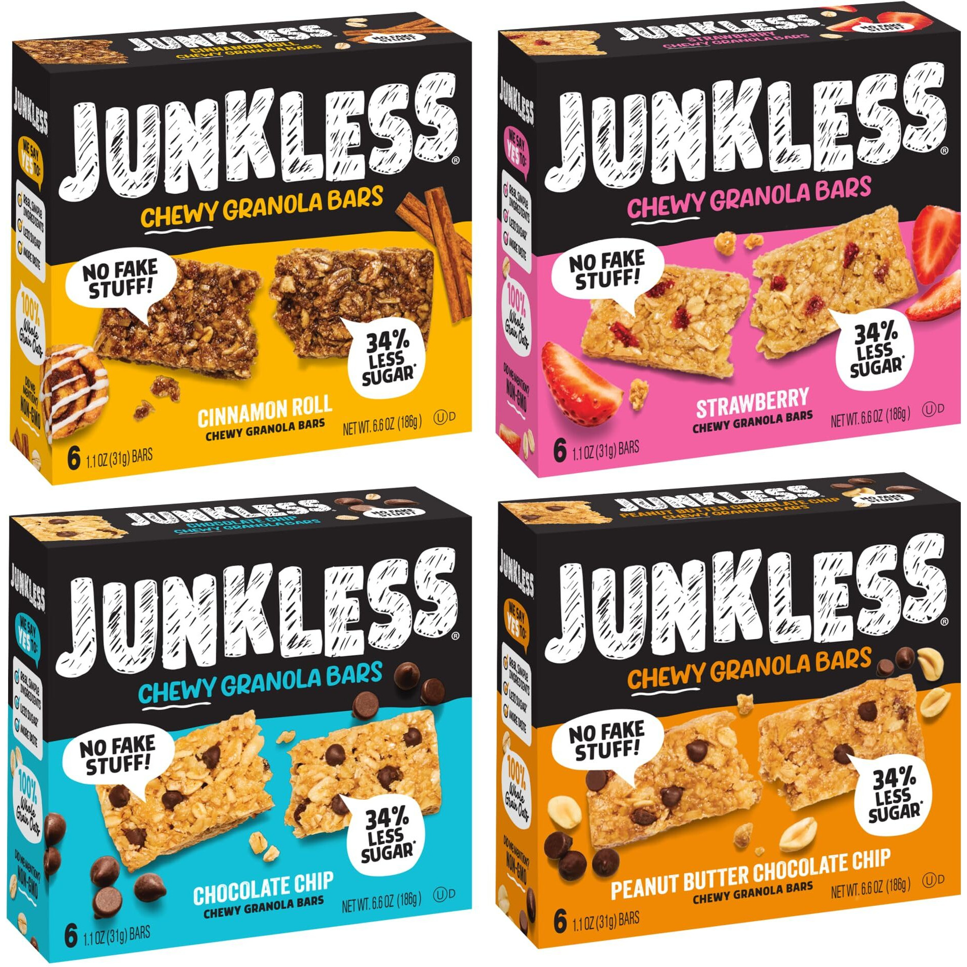 Junkless Chewy Granola Bar 4-Flavor Variety Pack - Less Sugar, Great Tasting, Wholesome Snacks - Bulk Granola Bars - 1.1 Oz. Bars, 4 Boxes