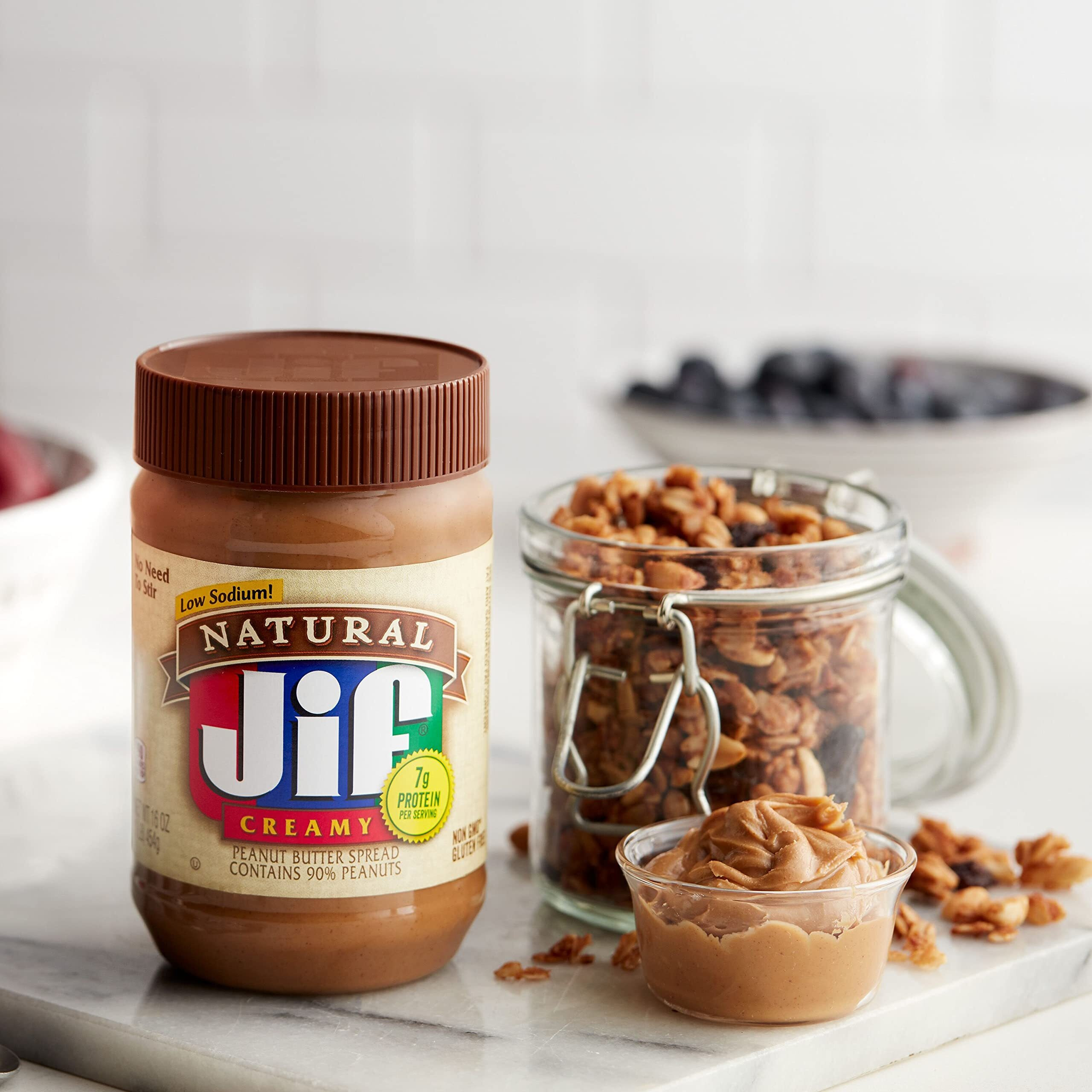 Jif Natural Creamy Peanut Butter Spread, 16 Ounces (Pack Of 12), Contains 90% Peanuts