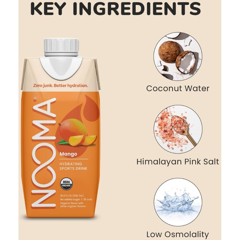 Nooma - Hydrating Sports Drink - Electrolyte Drink With Organic Coconut Water - Organic & No Added Sugars - Rapid Hydration - 30 Calories & 505Mg Electrolytes - Mango - 12 Pack (16.9Oz Each)