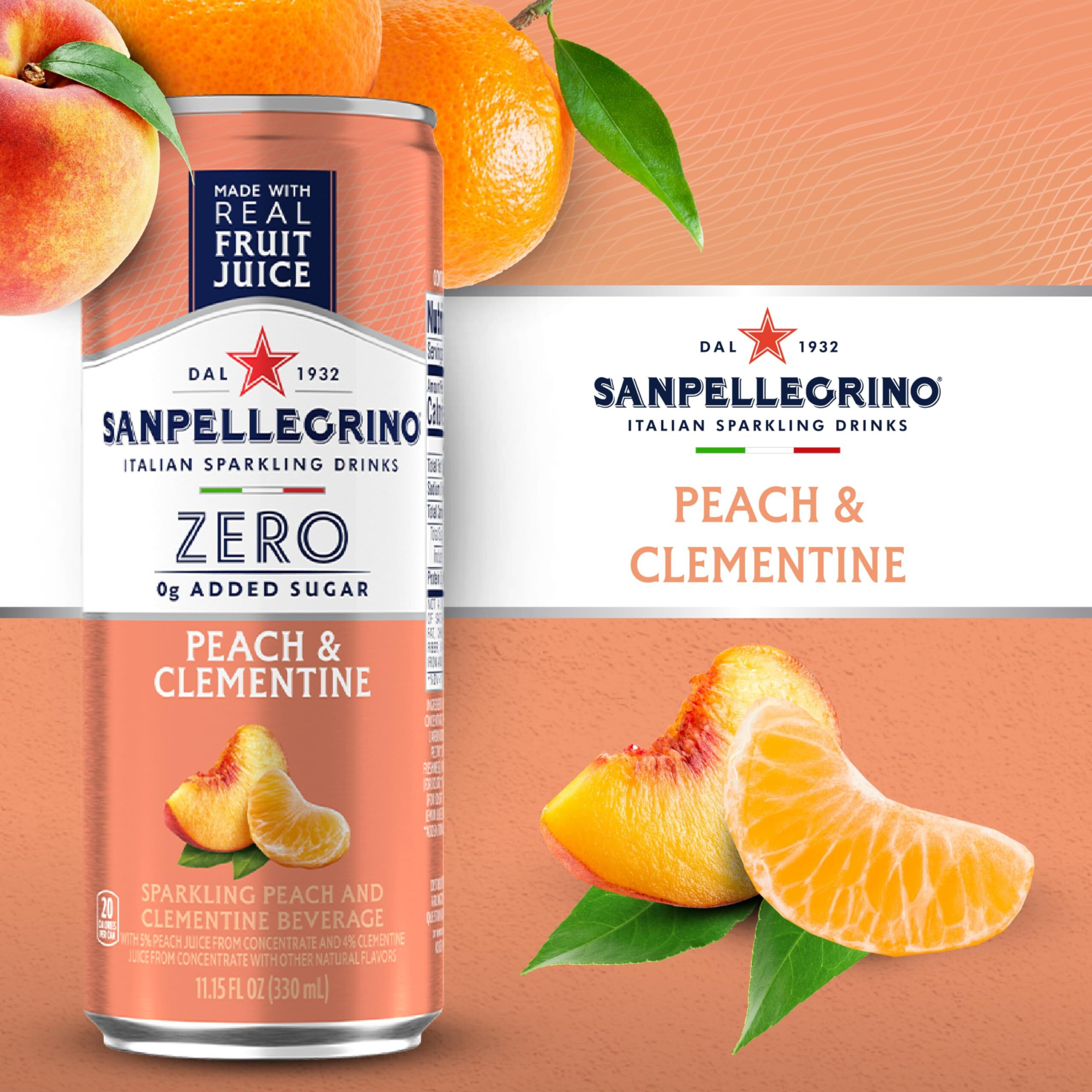 Sanpellegrino Zero Grams Added Sugar Italian Sparkling Drinks, Sparkling Peach Clementine Beverage, 11.15 Fl Oz (Pack Of 24)